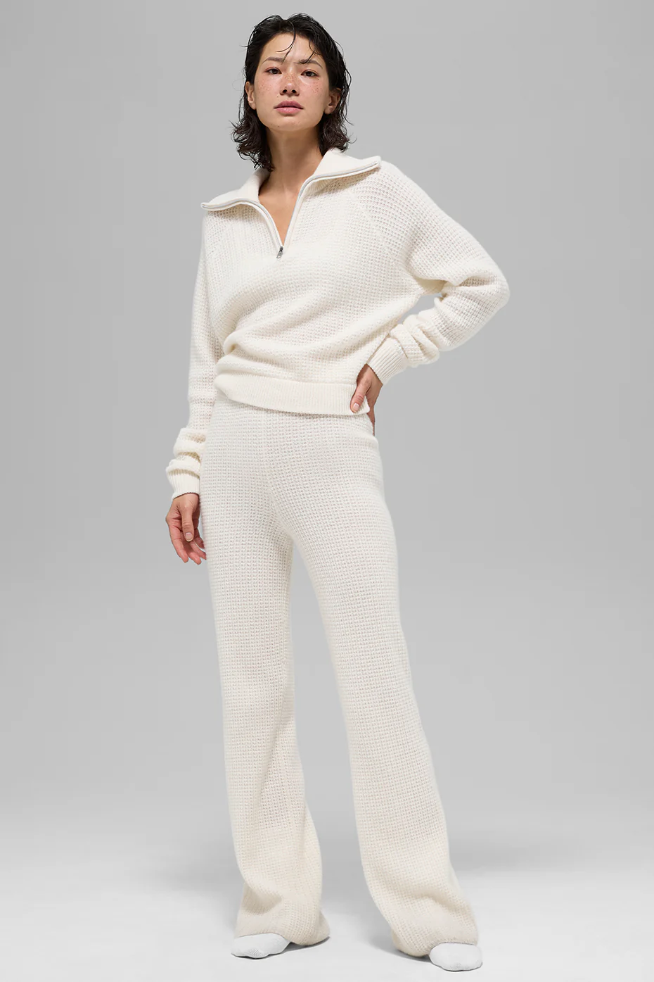 Cashmere Plush Waffle 1/4 Zip Pullover - Ivory
