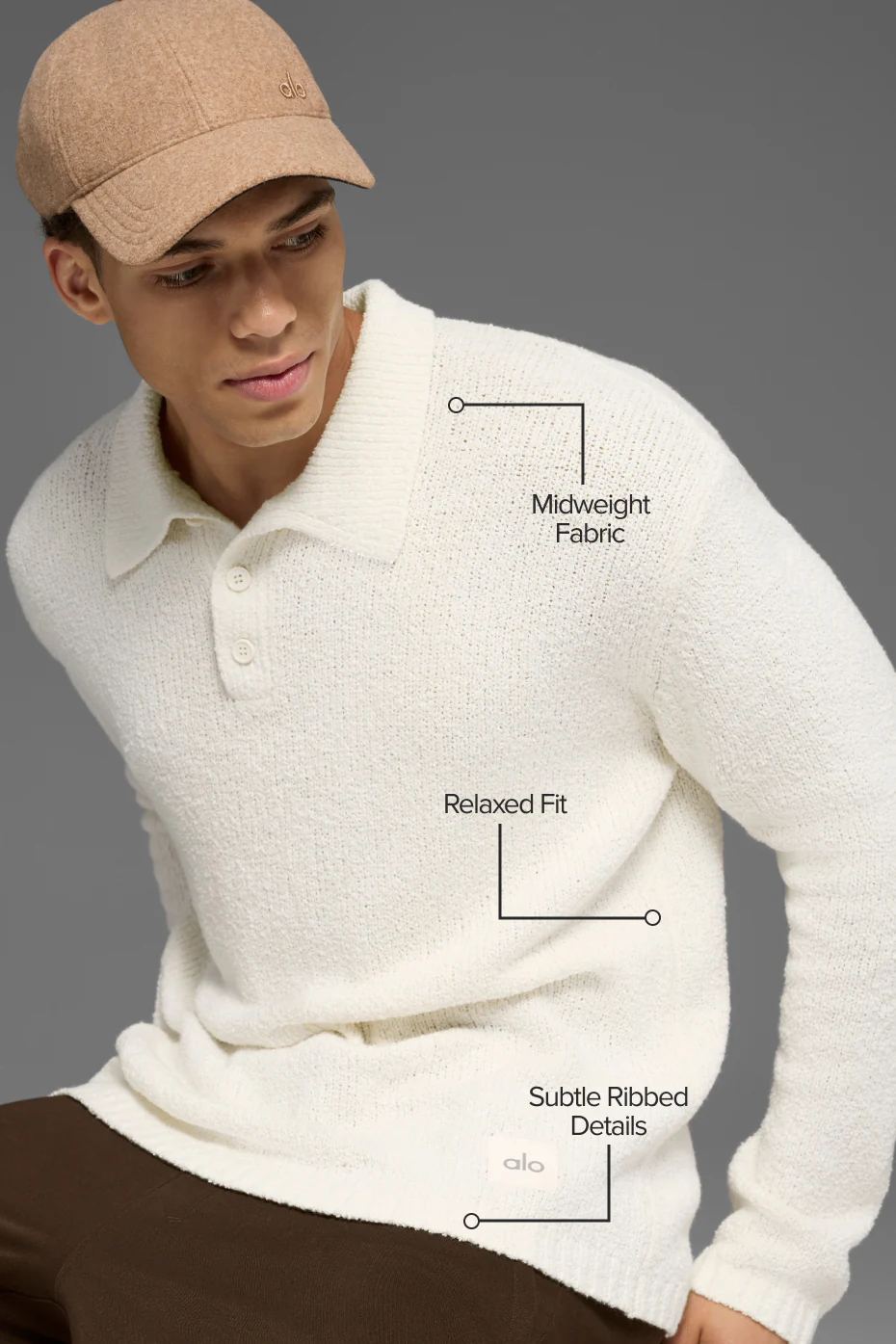 Textured Knit Long Sleeve Polo - Ivory