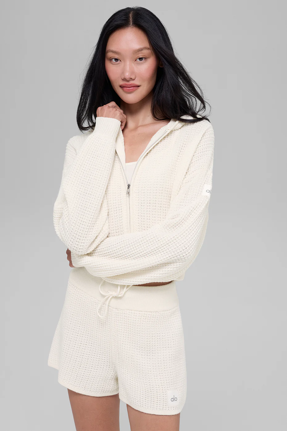 Cashmere Plush Waffle Full Zip Hoodie - Ivory