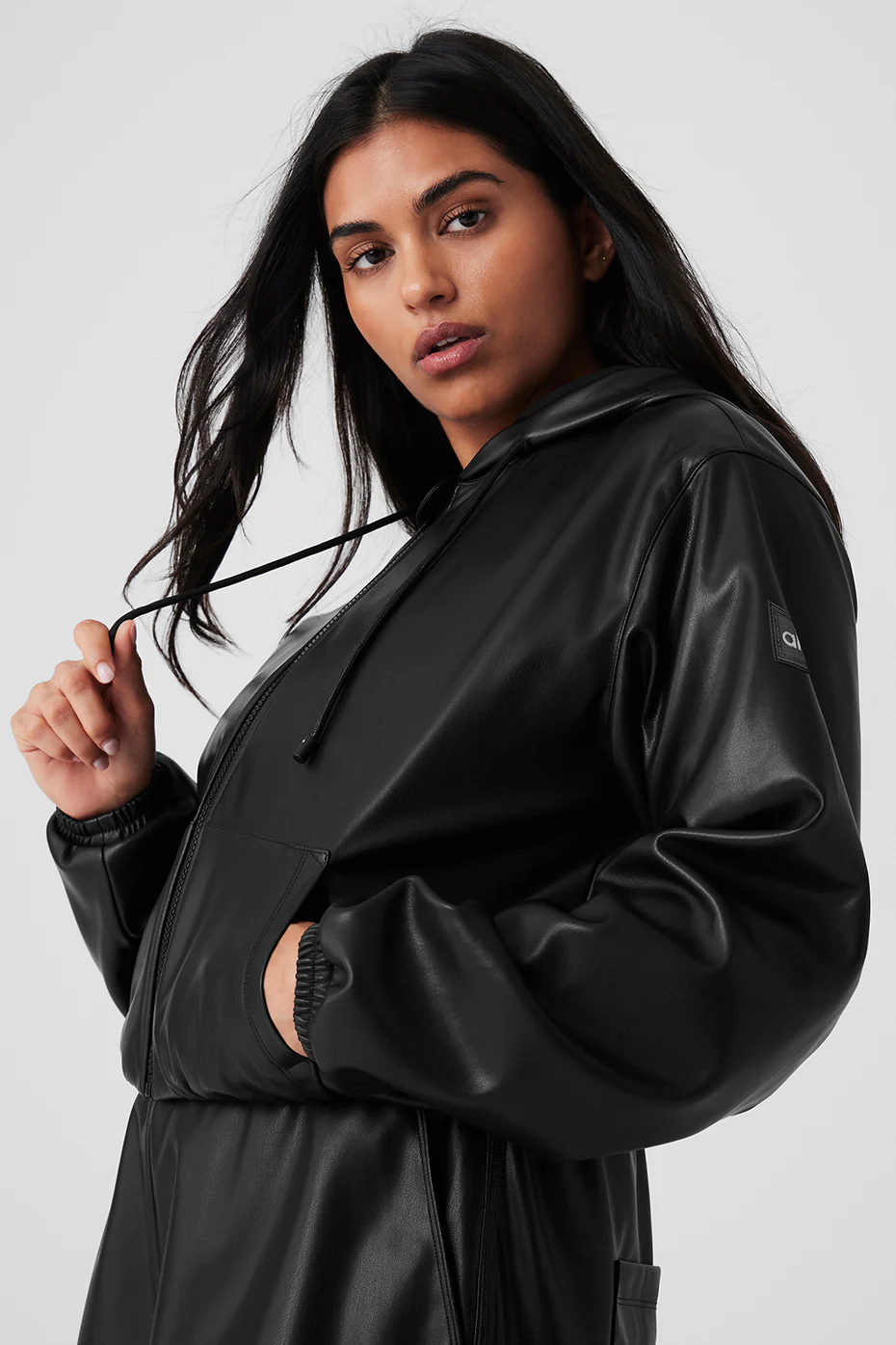 Faux Leather Power Hour Full Zip Cropped Jacket - Black