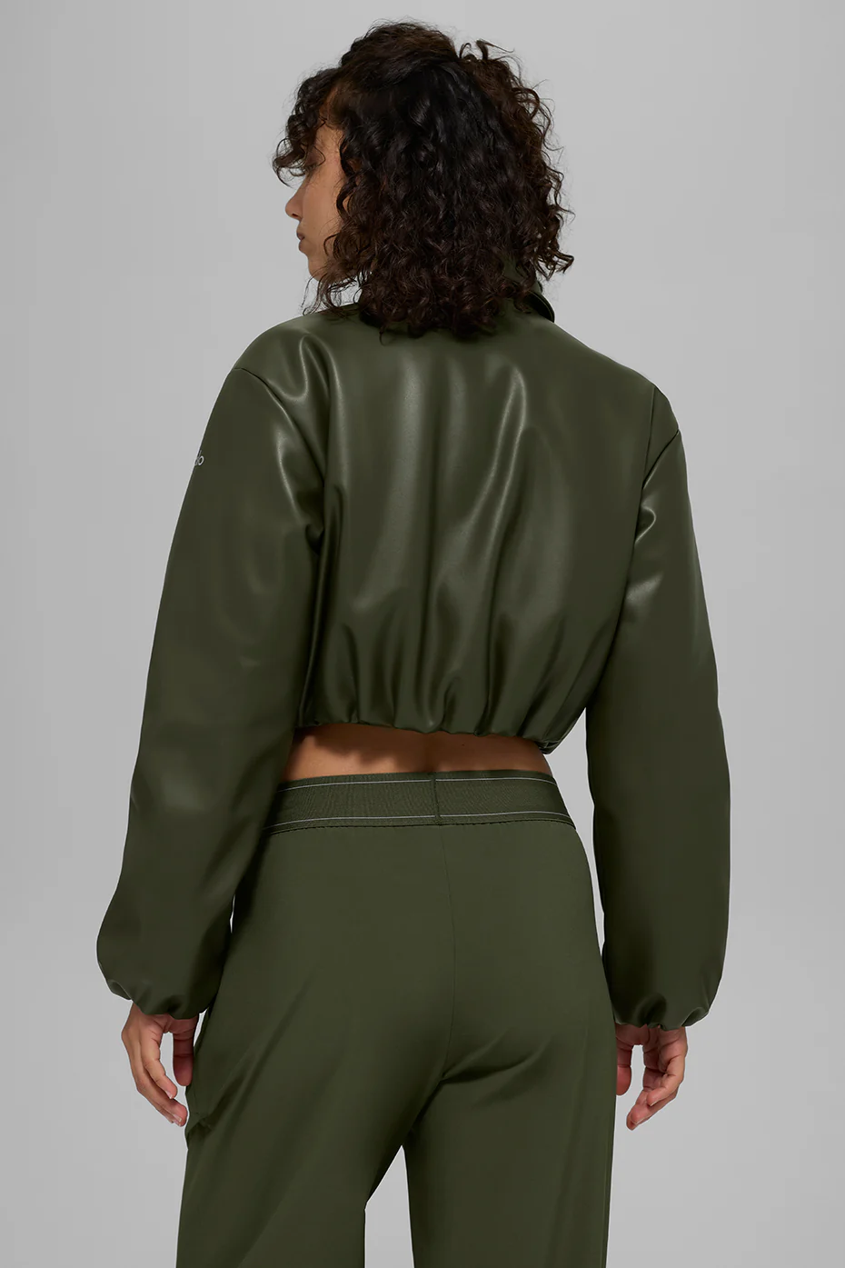 Faux Leather Cropped Premier Bomber - Green Olive