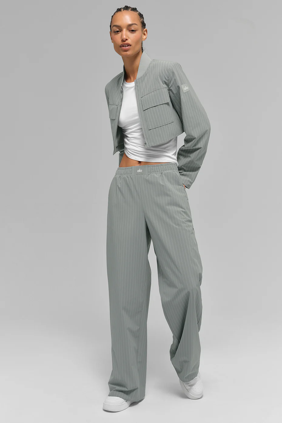 Cropped Pinstripe Main Character Full Zip Jacket - Lunar Grey/White