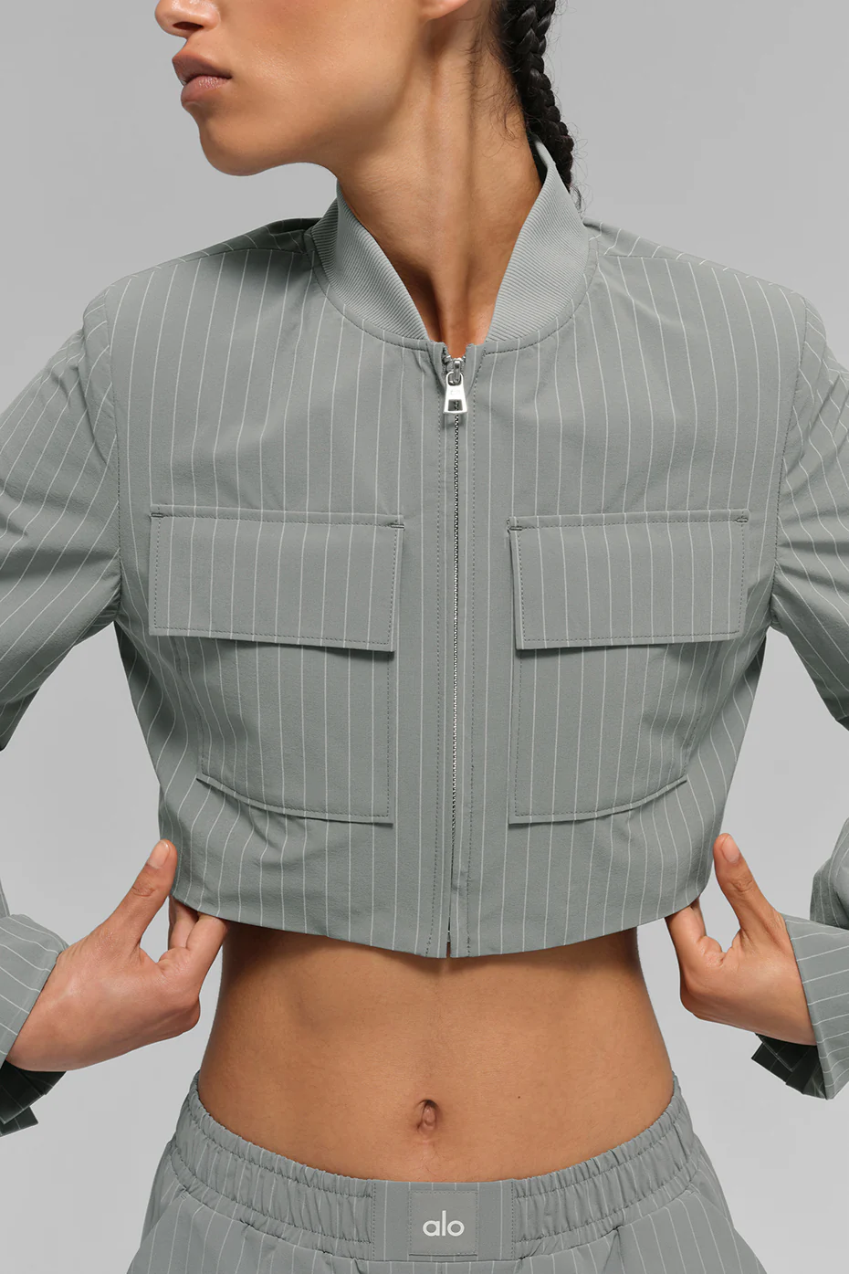 Cropped Pinstripe Main Character Full Zip Jacket - Lunar Grey/White