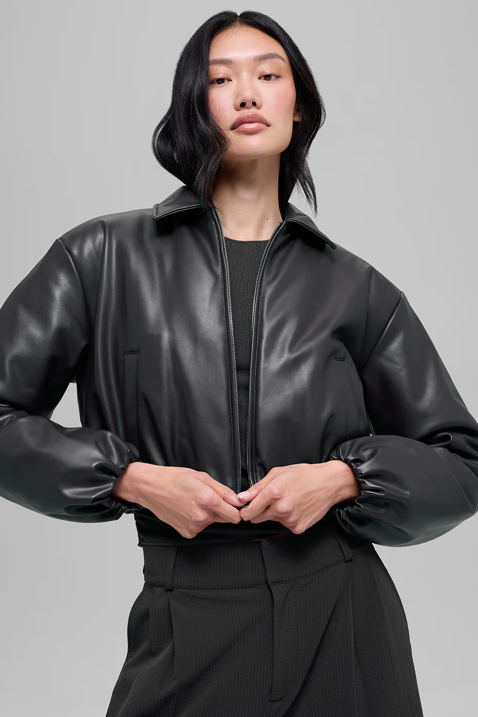 Faux Leather Cropped Premier Bomber - Black