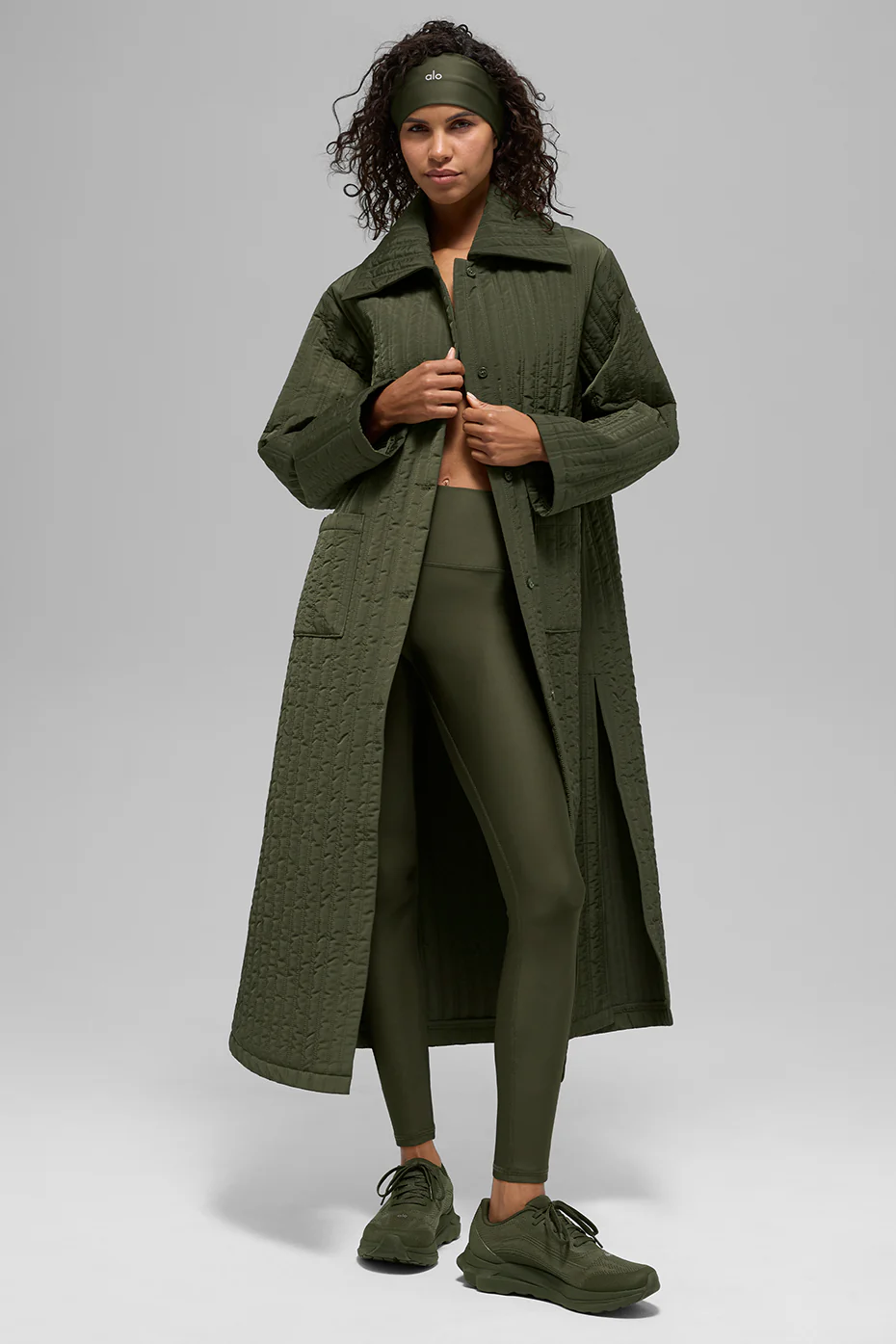Quilted Skyline Long Coat - Green Olive