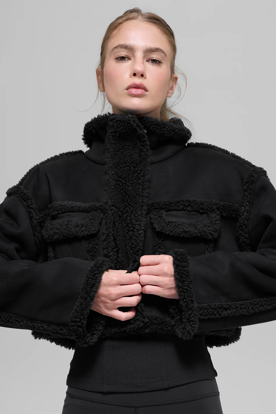 Faux Shearling Snowfall Cropped Jacket - Black