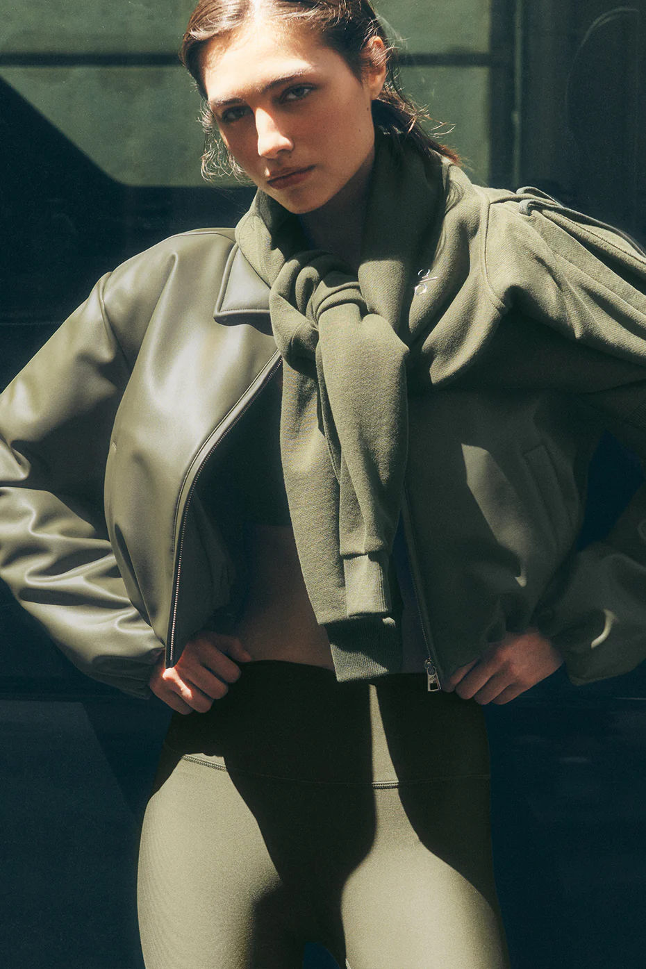 Faux Leather Cropped Premier Bomber - Green Olive