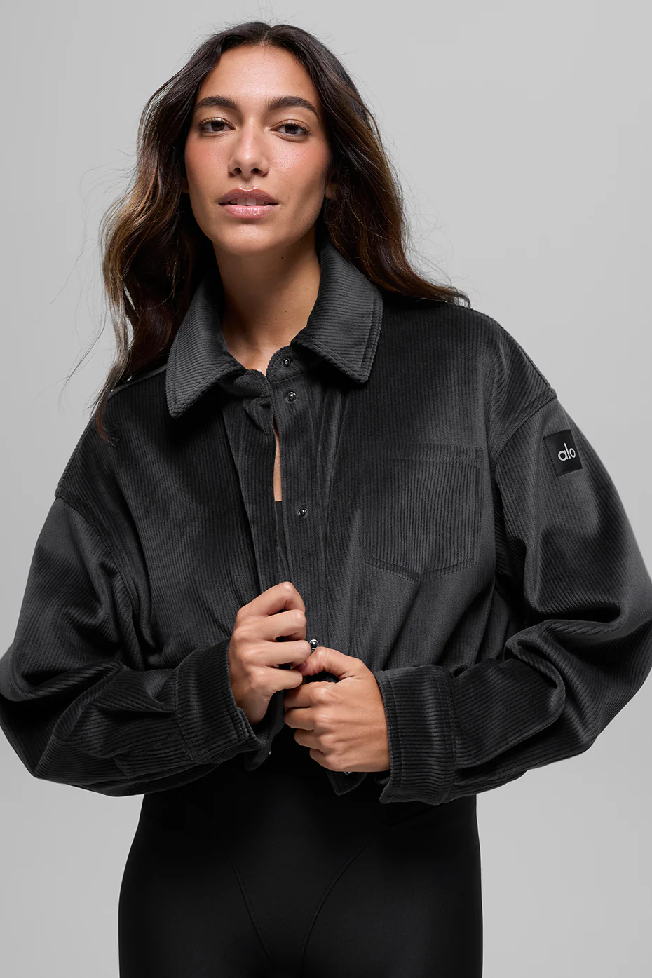 Ribbed Velour Cropped Mountain Side Jacket - Black