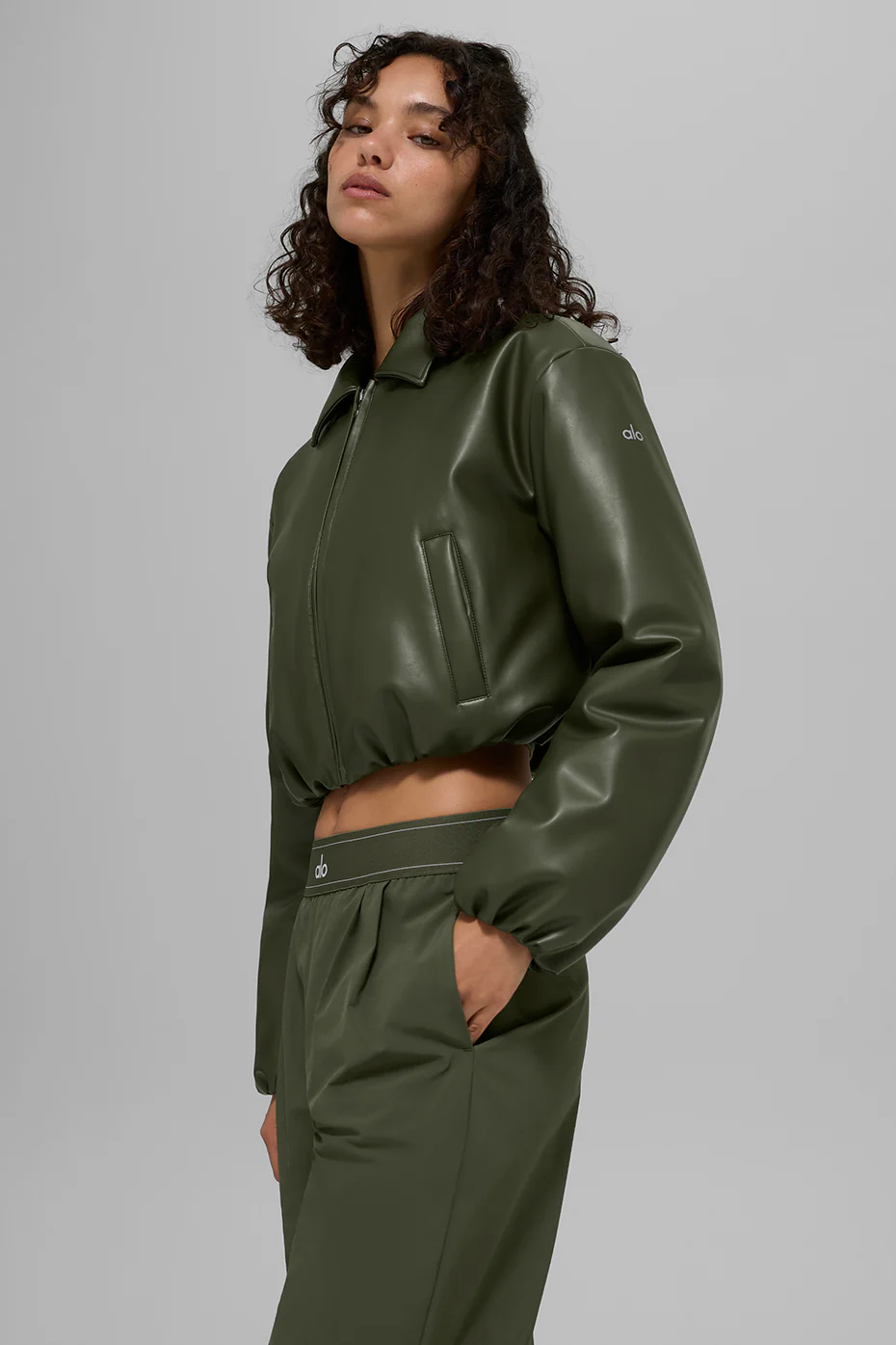 Faux Leather Cropped Premier Bomber - Green Olive