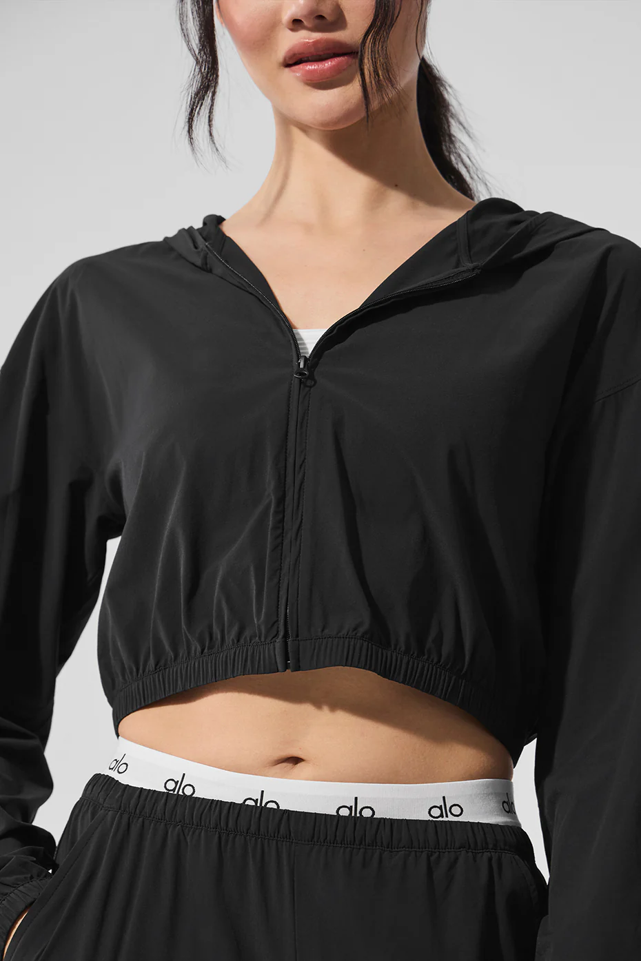 Cropped Breezy Full-Zip Hoodie - Black
