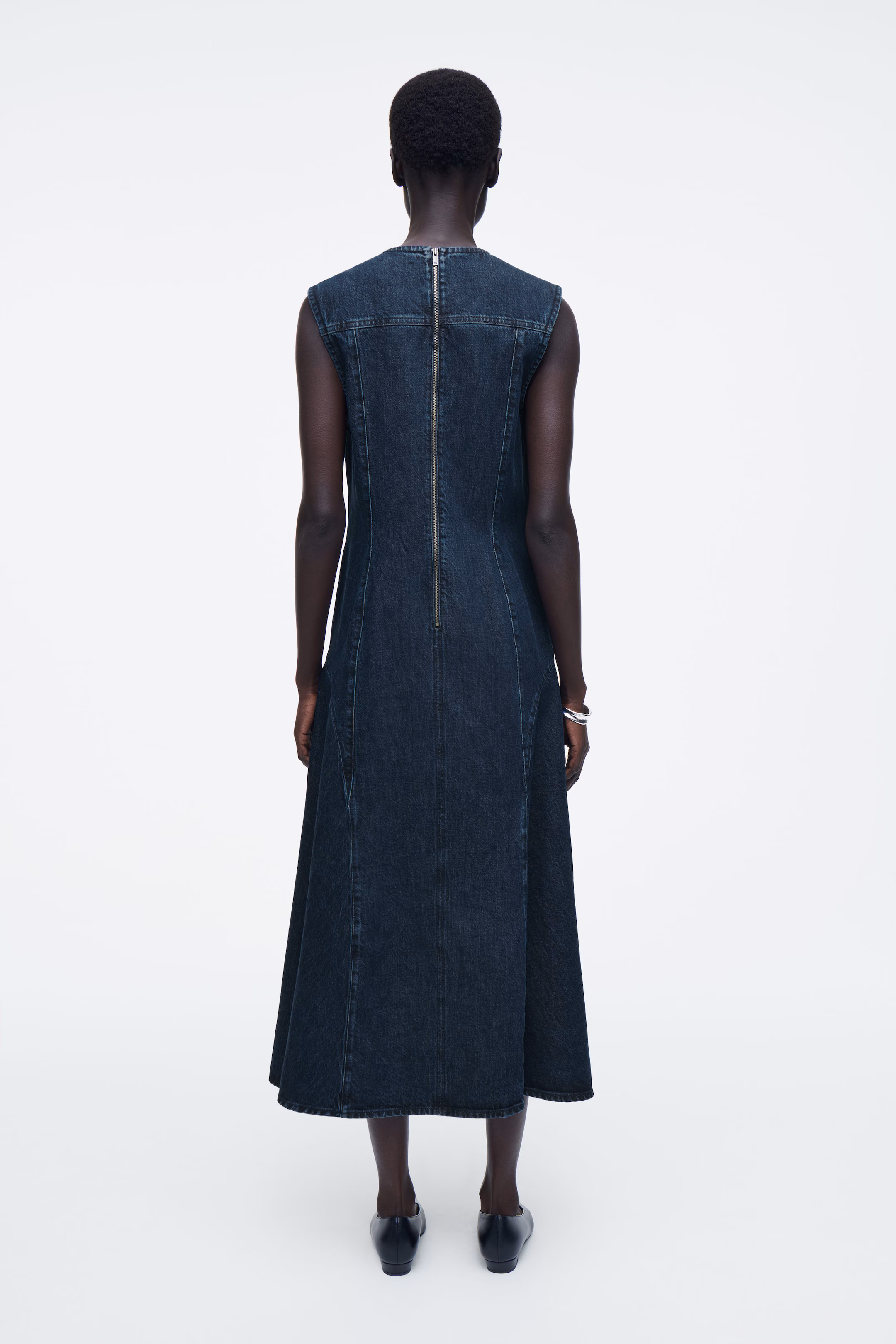 DROPPED-WAIST DENIM MIDI DRESS