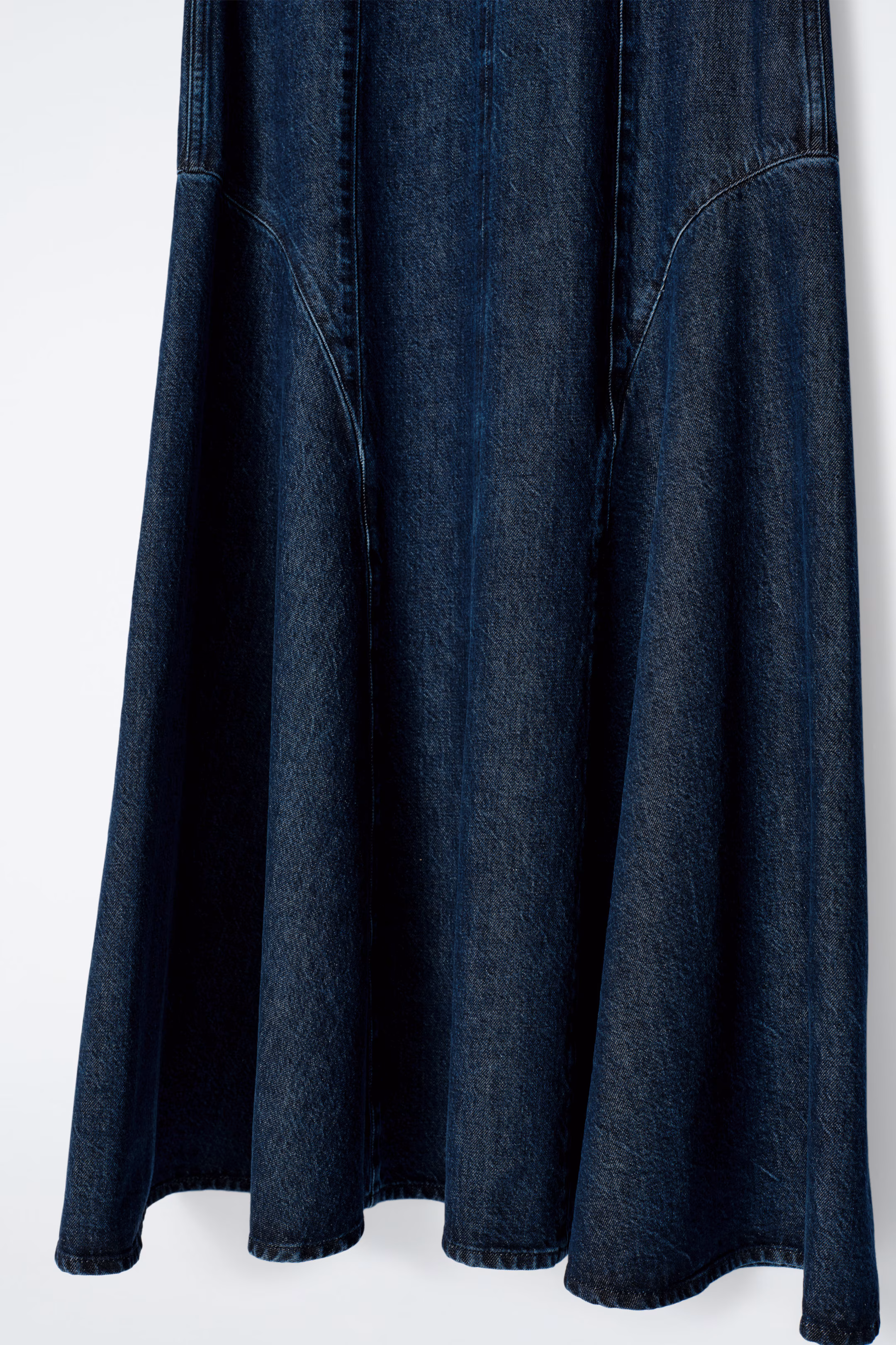 DROPPED-WAIST DENIM MIDI DRESS