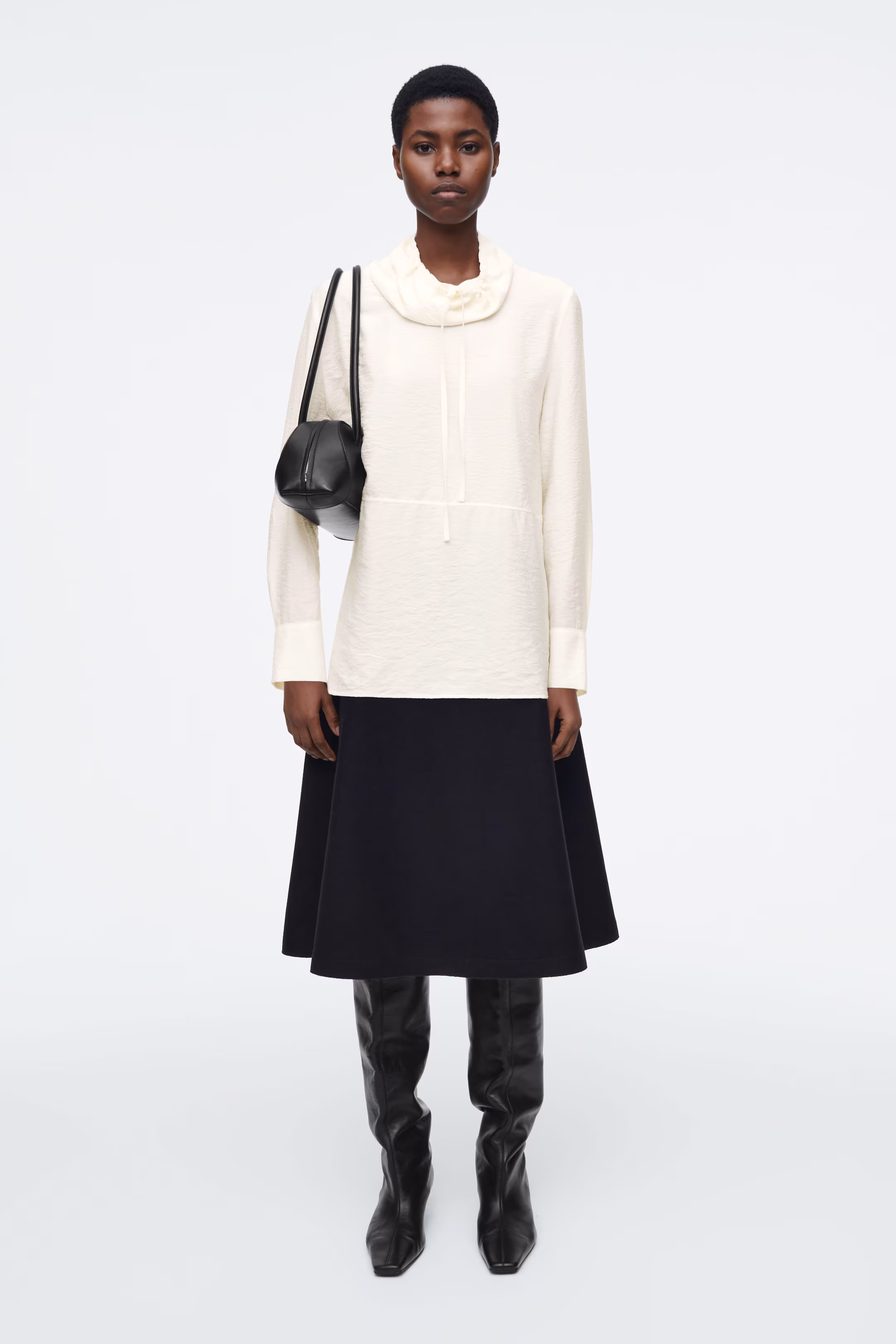 DRAWSTRING FUNNEL-NECK BLOUSE