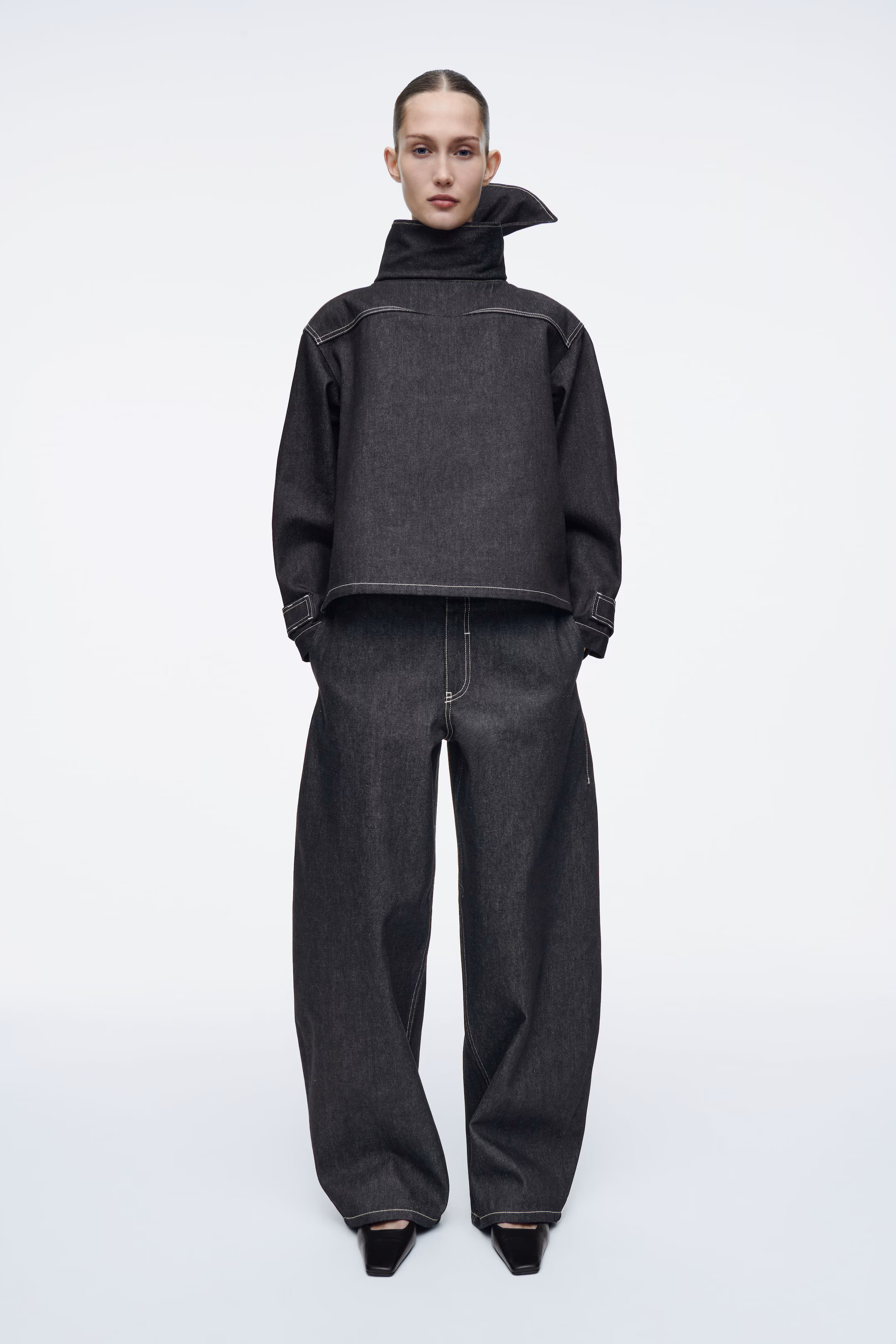 SCARF-DETAIL RAW DENIM TOP