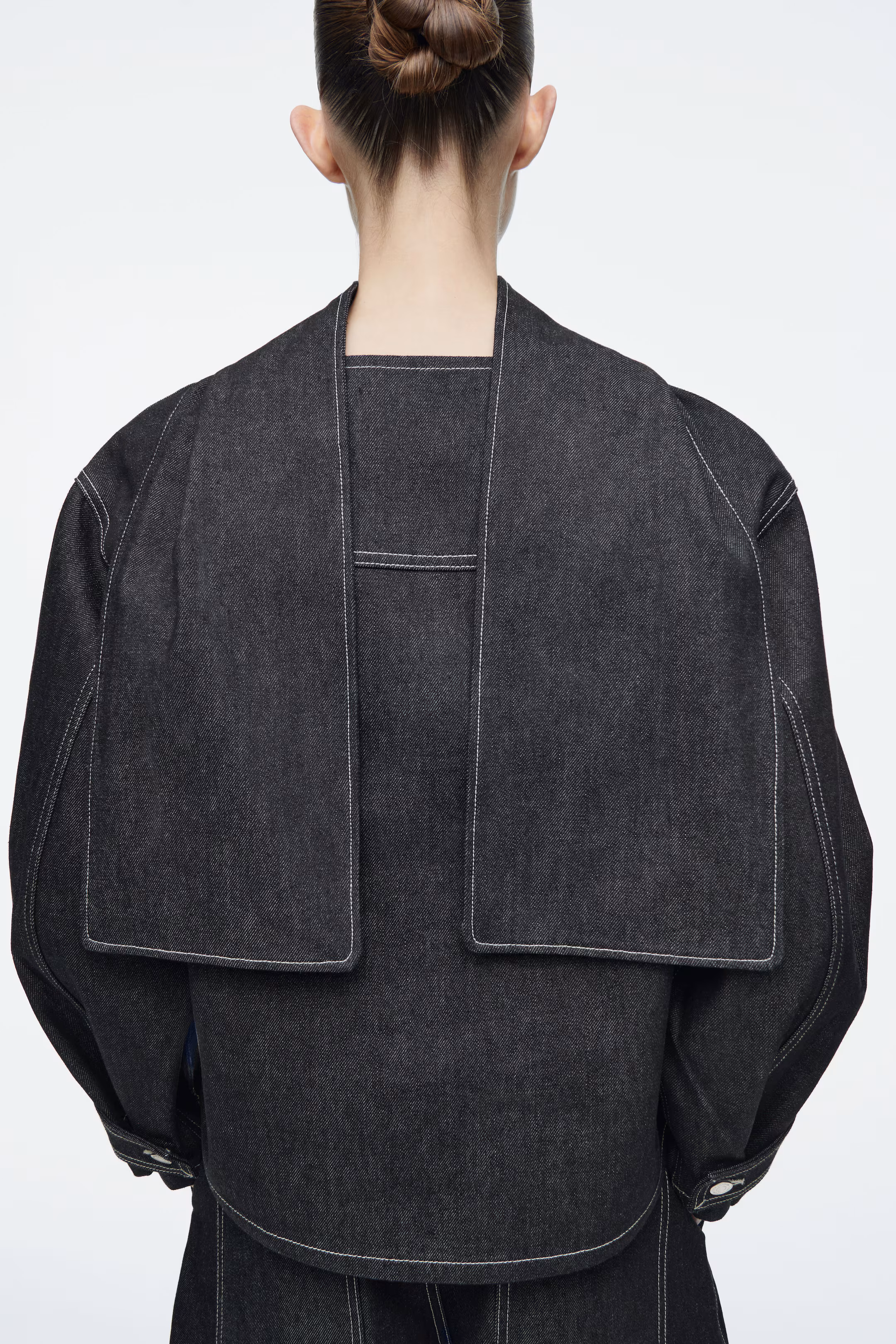 SCARF-DETAIL RAW DENIM TOP