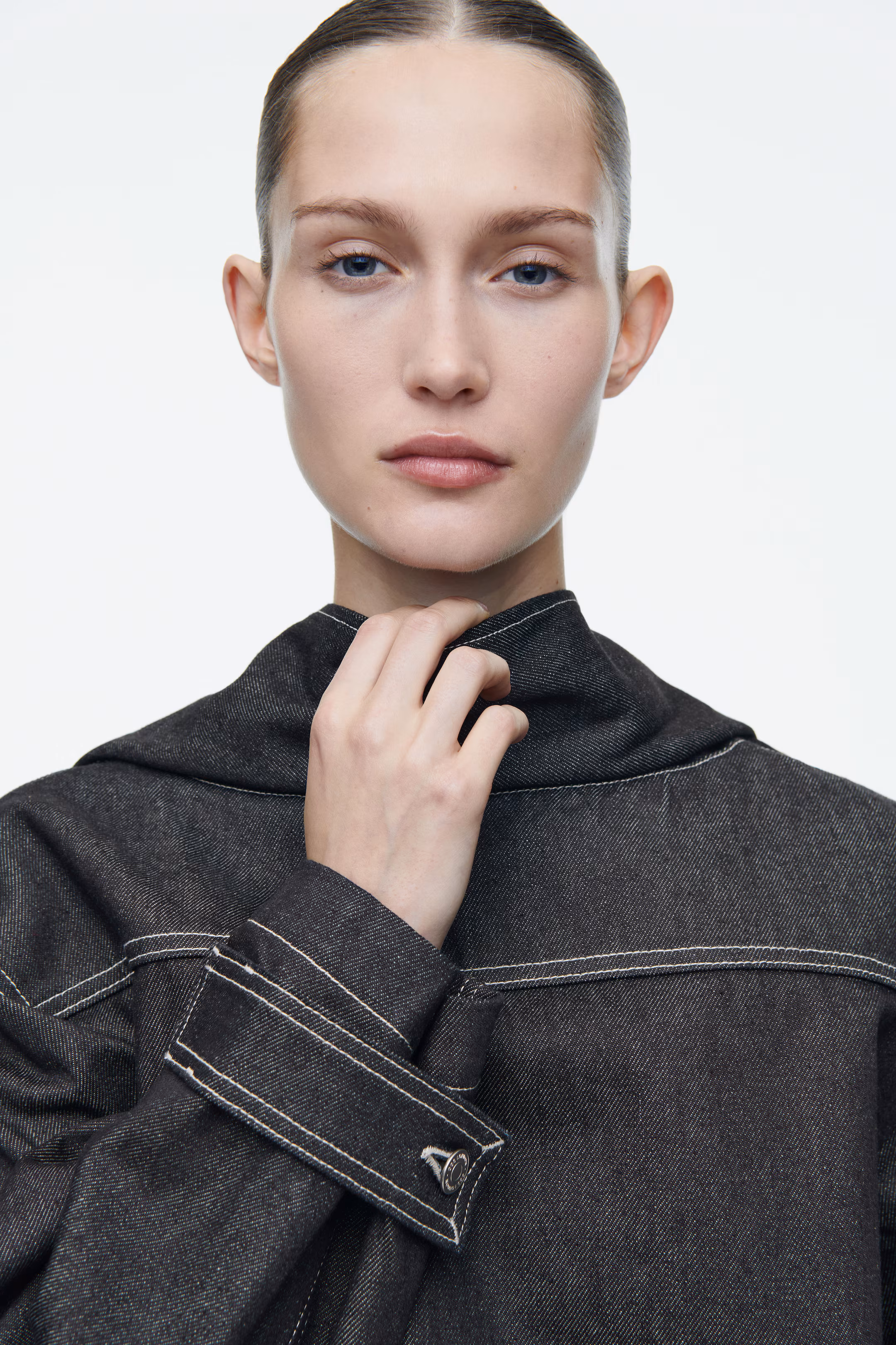 SCARF-DETAIL RAW DENIM TOP