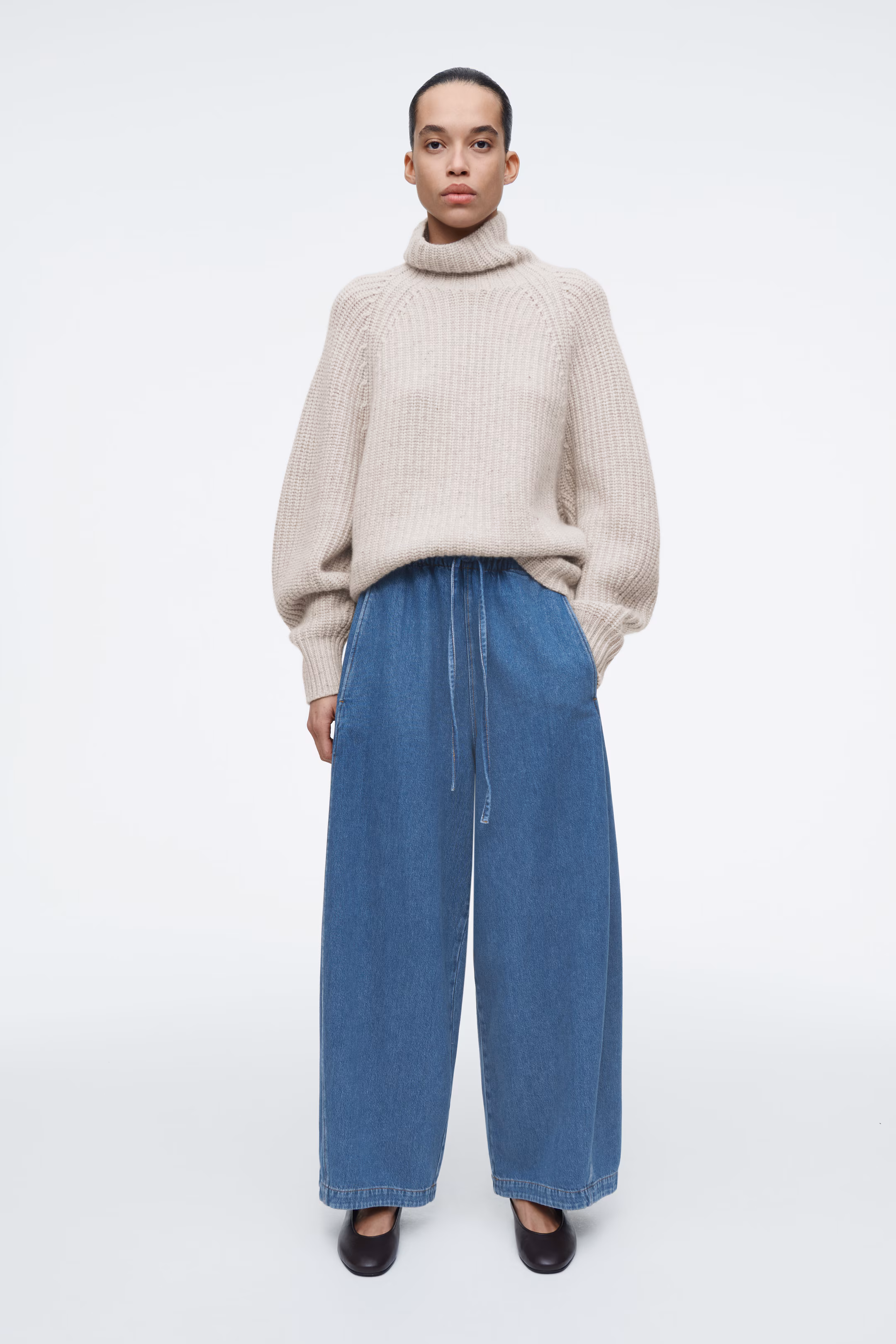 BARREL-LEG DENIM DRAWSTRING TROUSERS