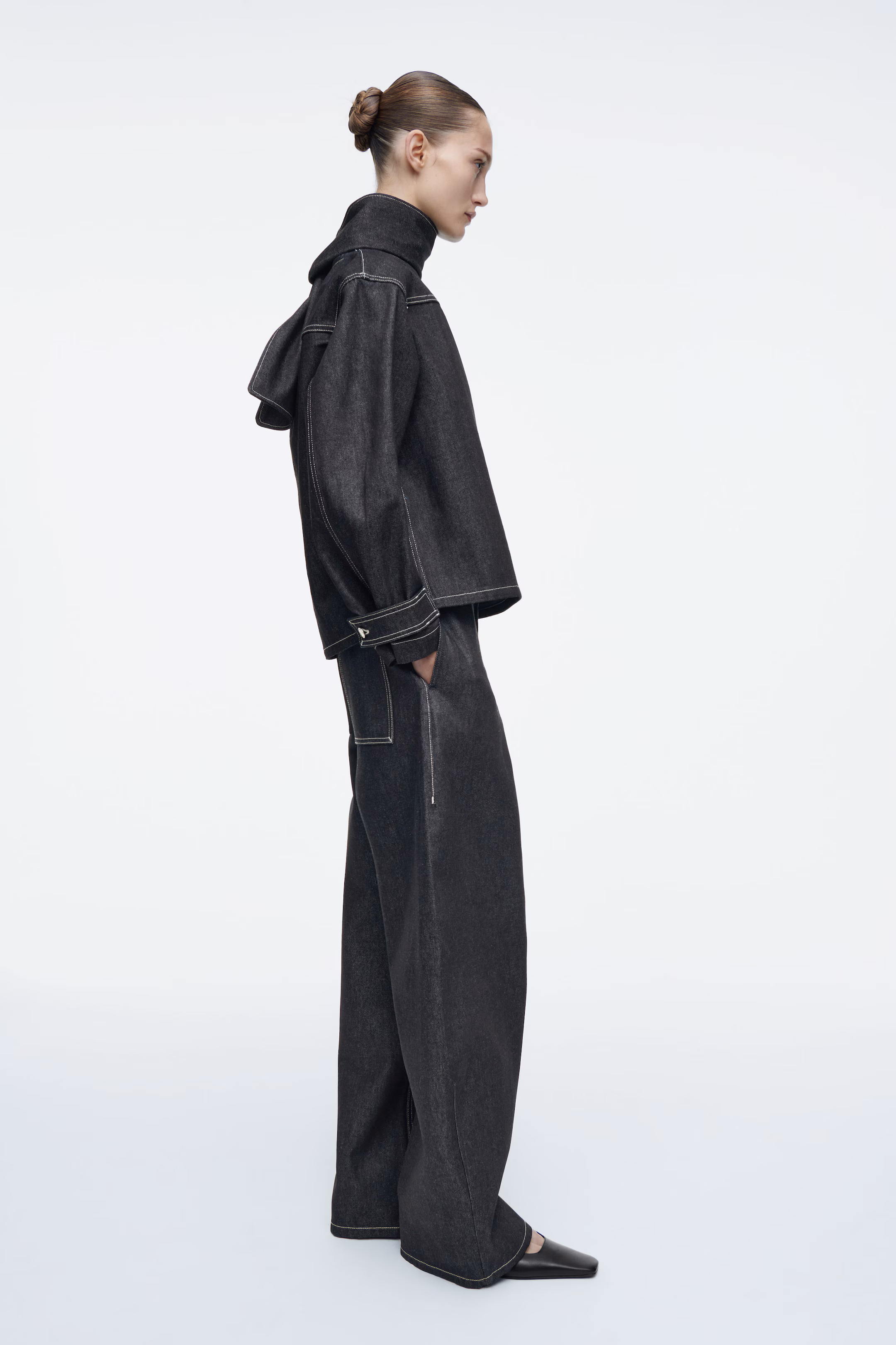 SCARF-DETAIL RAW DENIM TOP