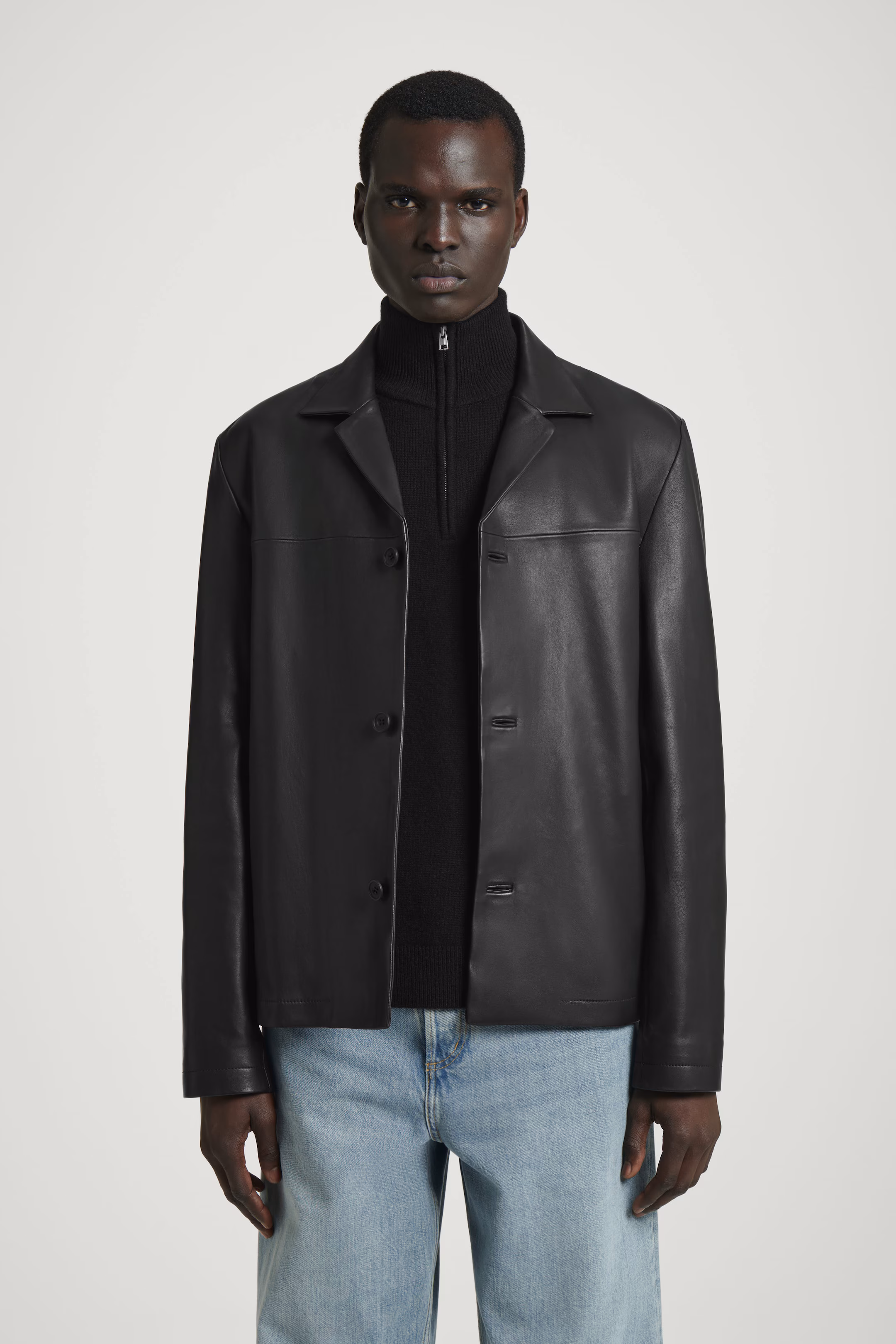 CAMP-COLLAR LEATHER JACKET