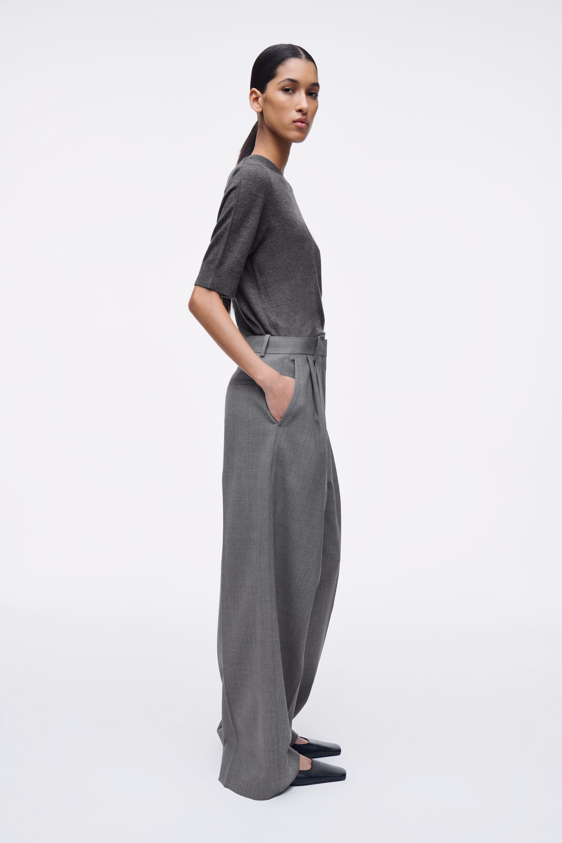 RELAXED TWILL WIDE-LEG TROUSERS