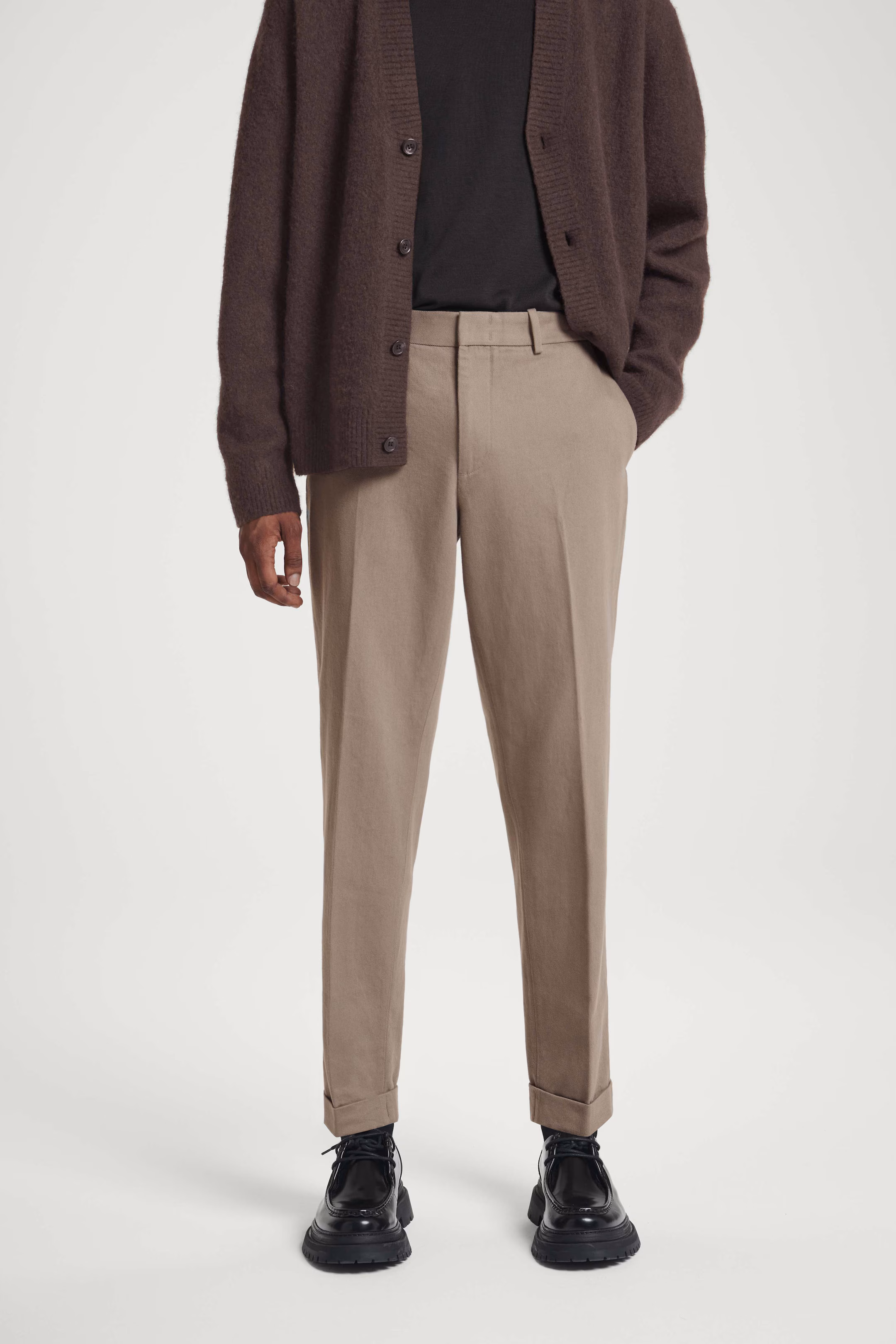 TURN-UP TAPERED TWILL TROUSERS