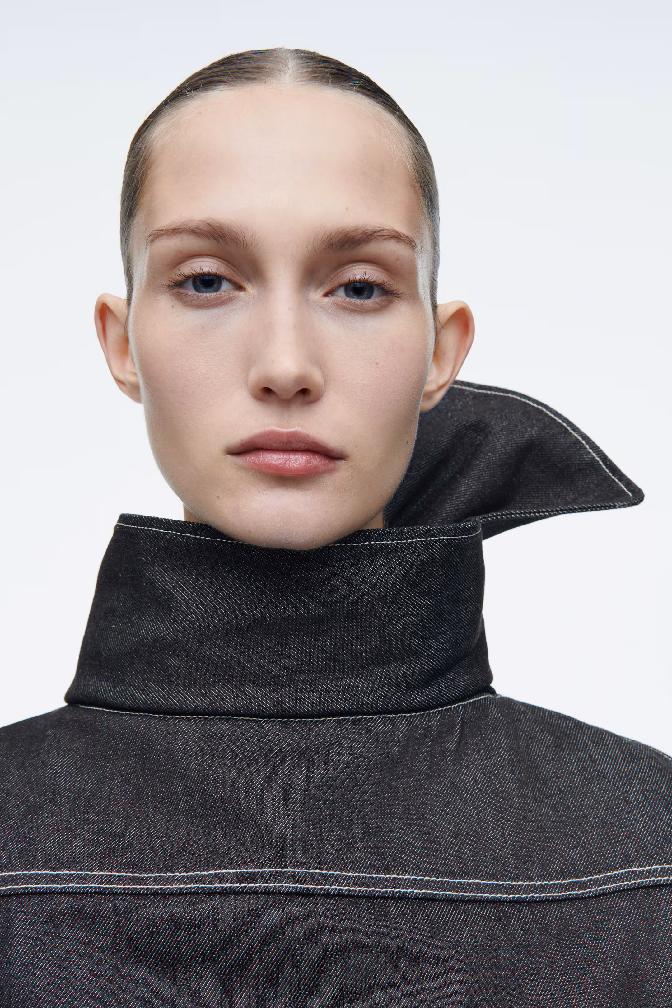 SCARF-DETAIL RAW DENIM TOP