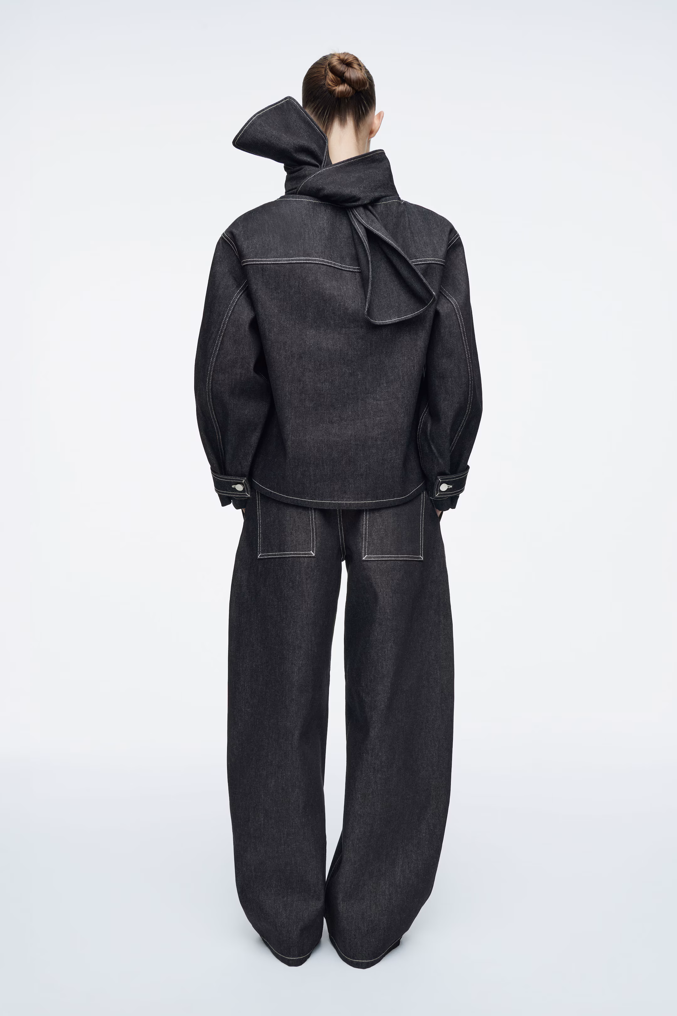 SCARF-DETAIL RAW DENIM TOP