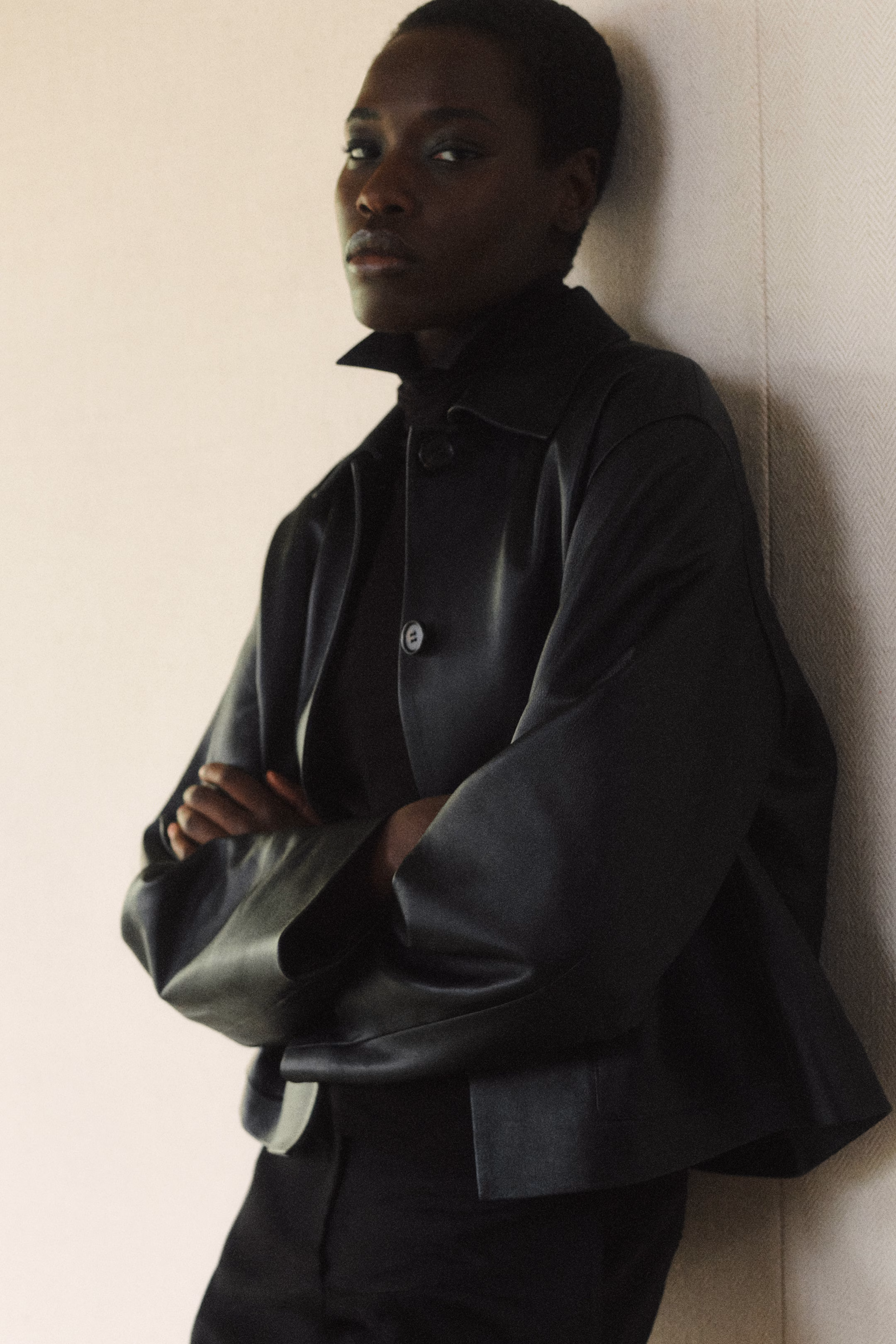 BOXY COLLARED LEATHER JACKET