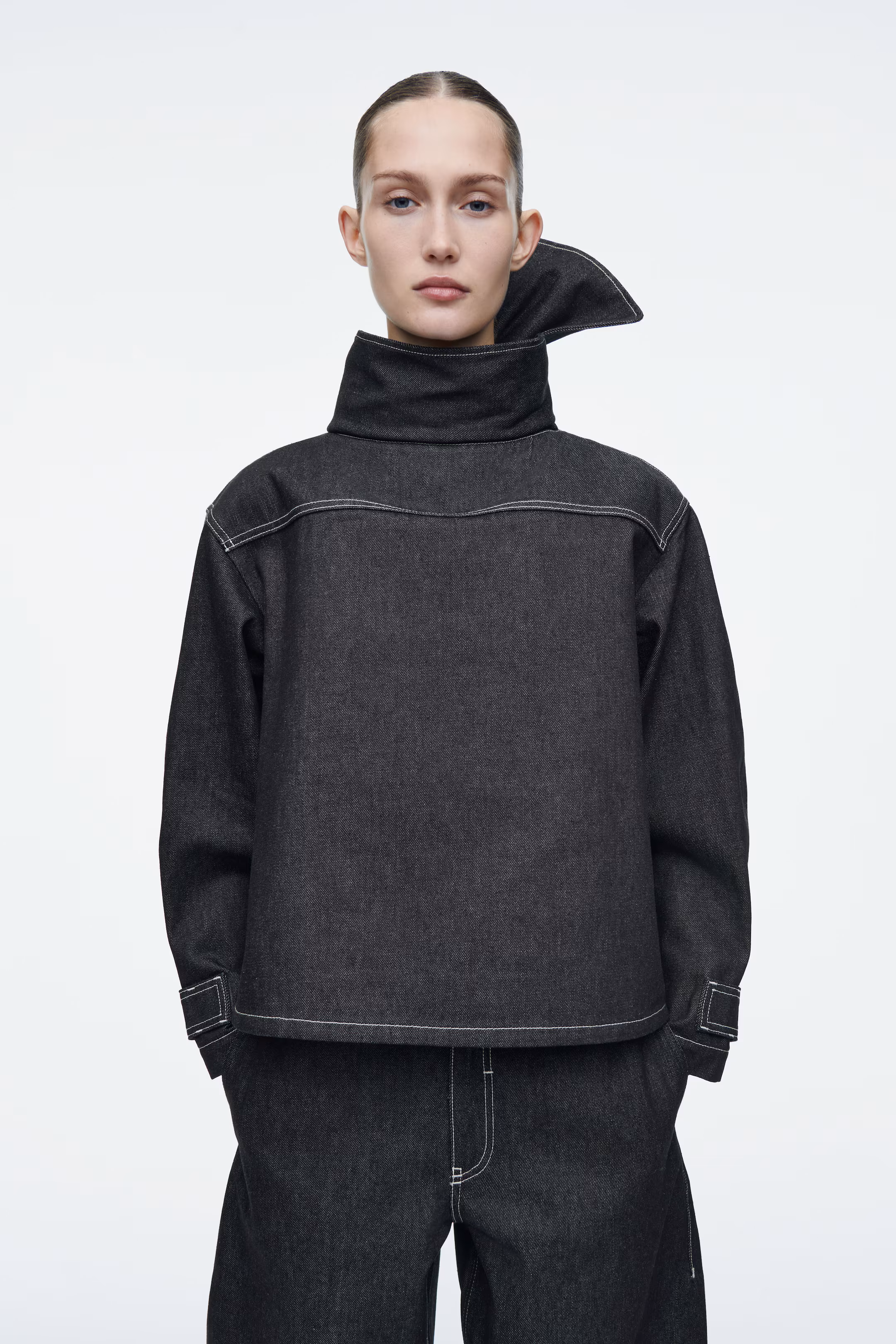 SCARF-DETAIL RAW DENIM TOP