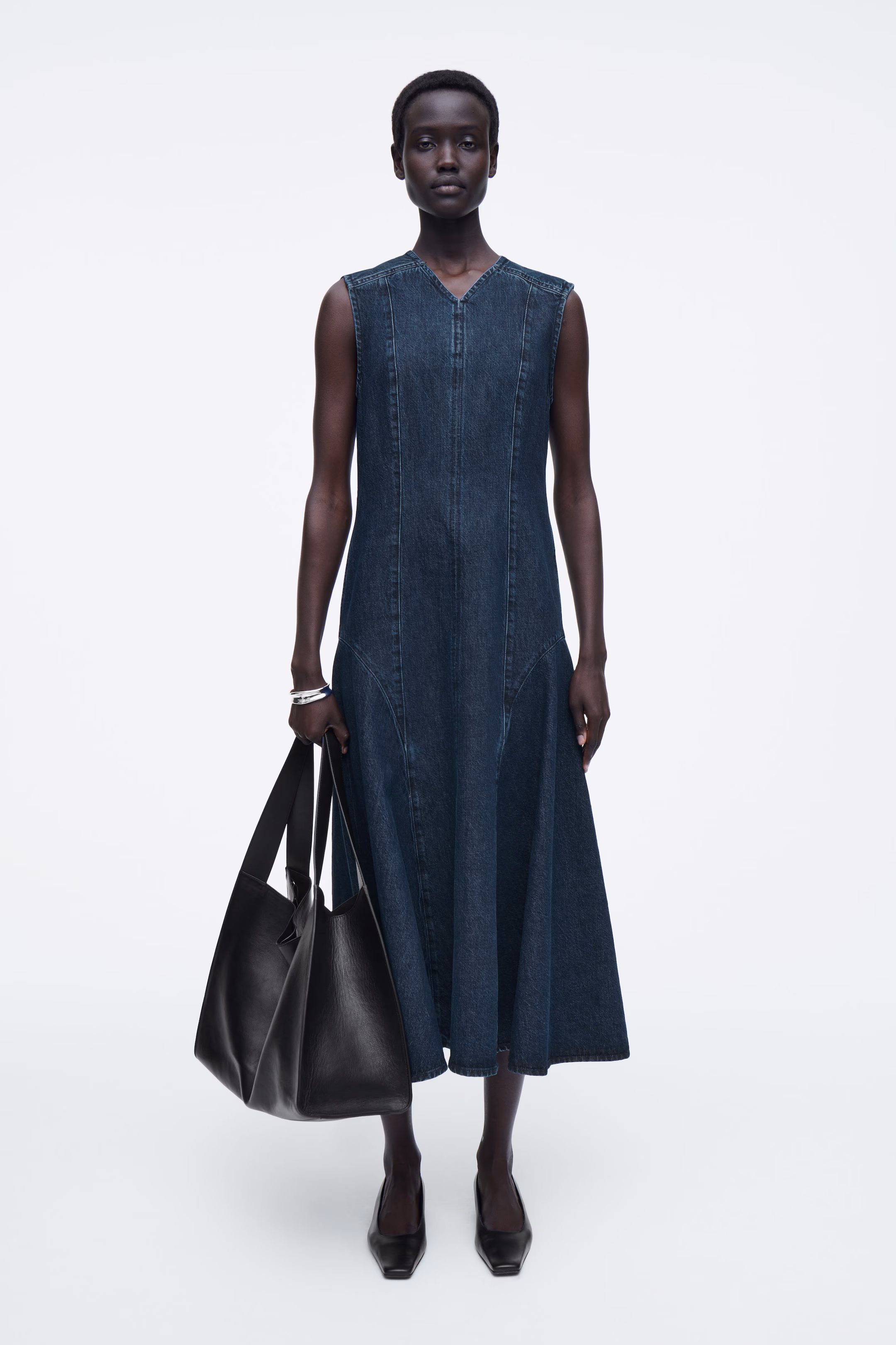 DROPPED-WAIST DENIM MIDI DRESS