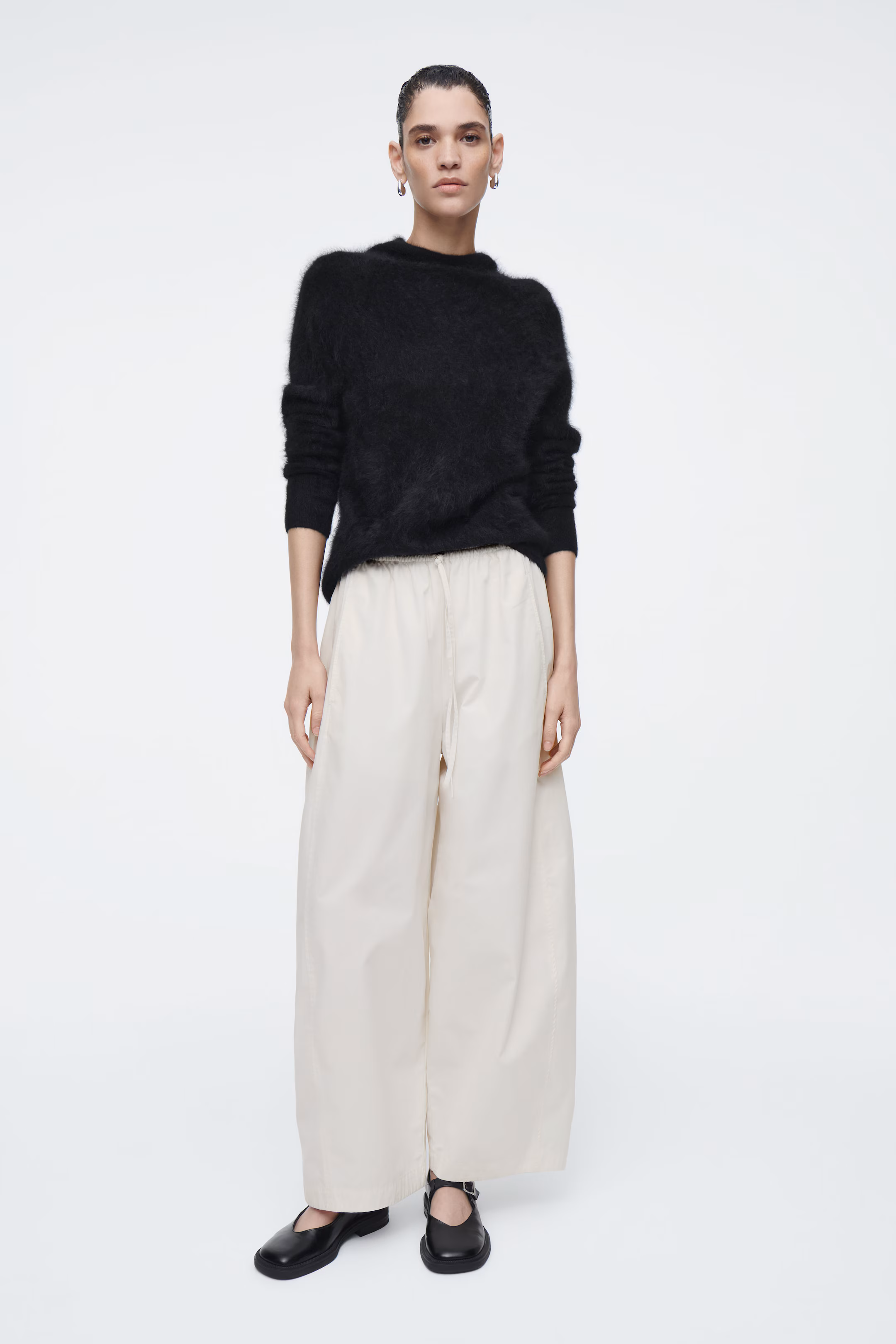 ELASTICATED BARREL-LEG TROUSERS