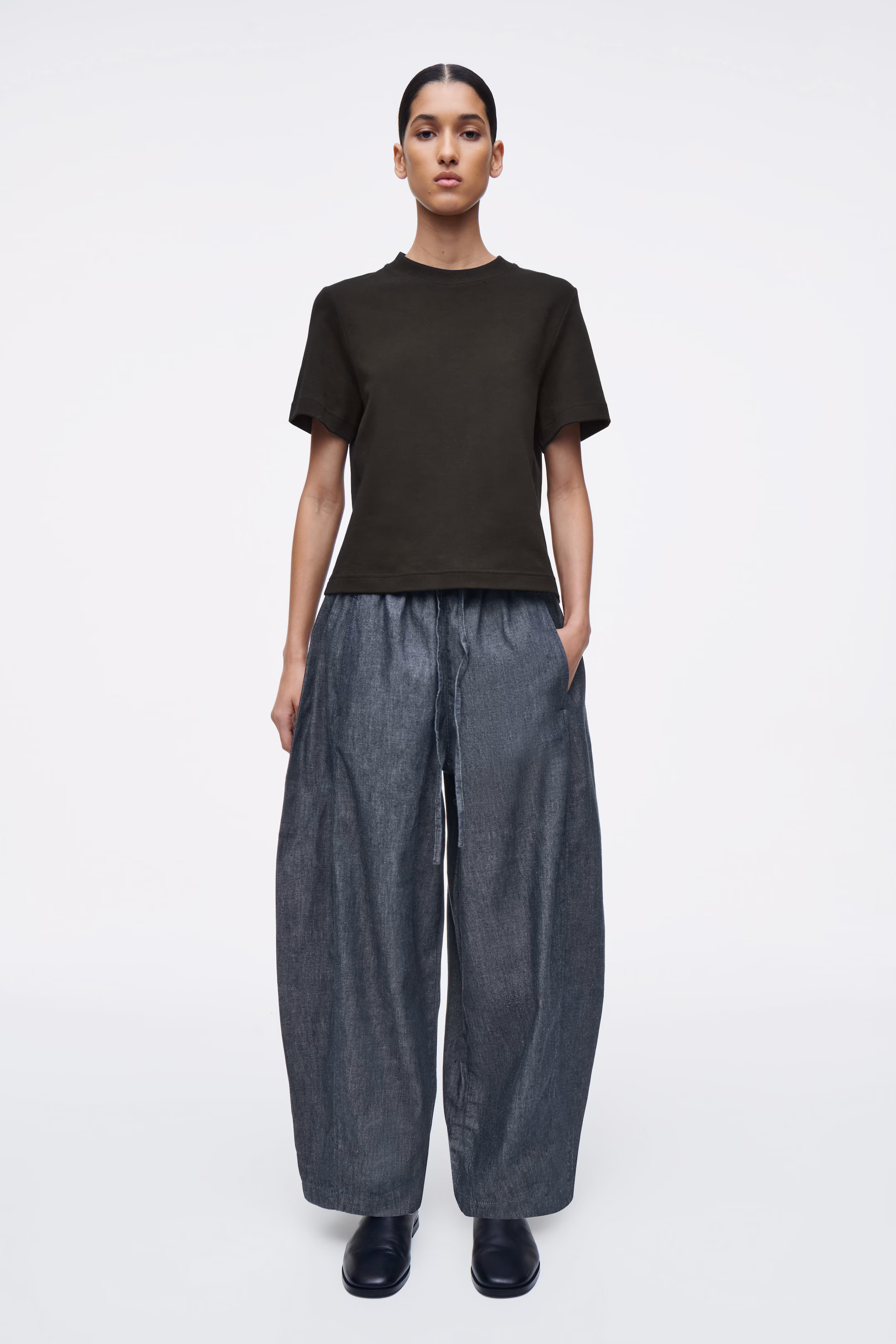 BARREL-LEG DENIM DRAWSTRING TROUSERS