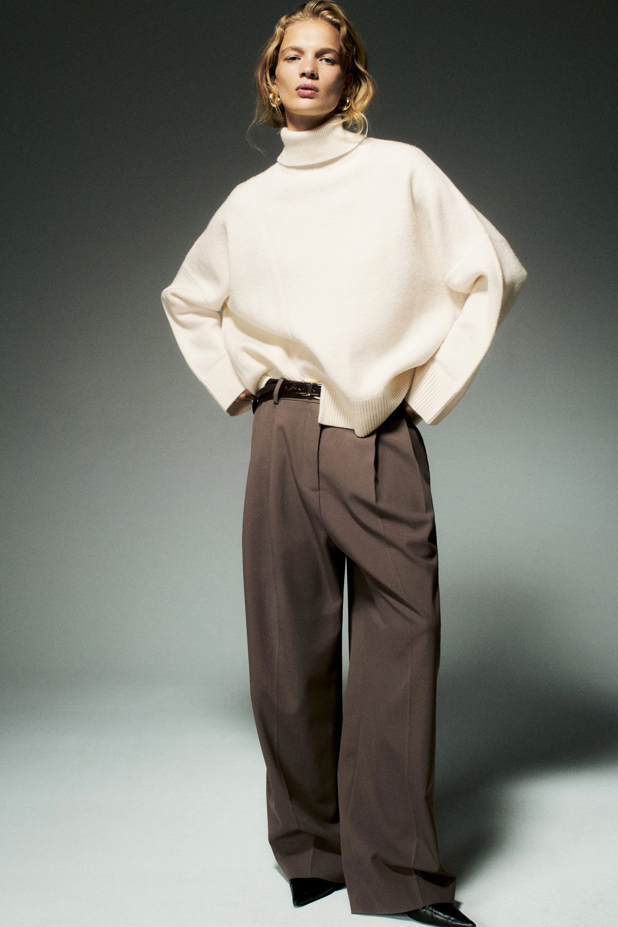 RELAXED TWILL WIDE-LEG TROUSERS