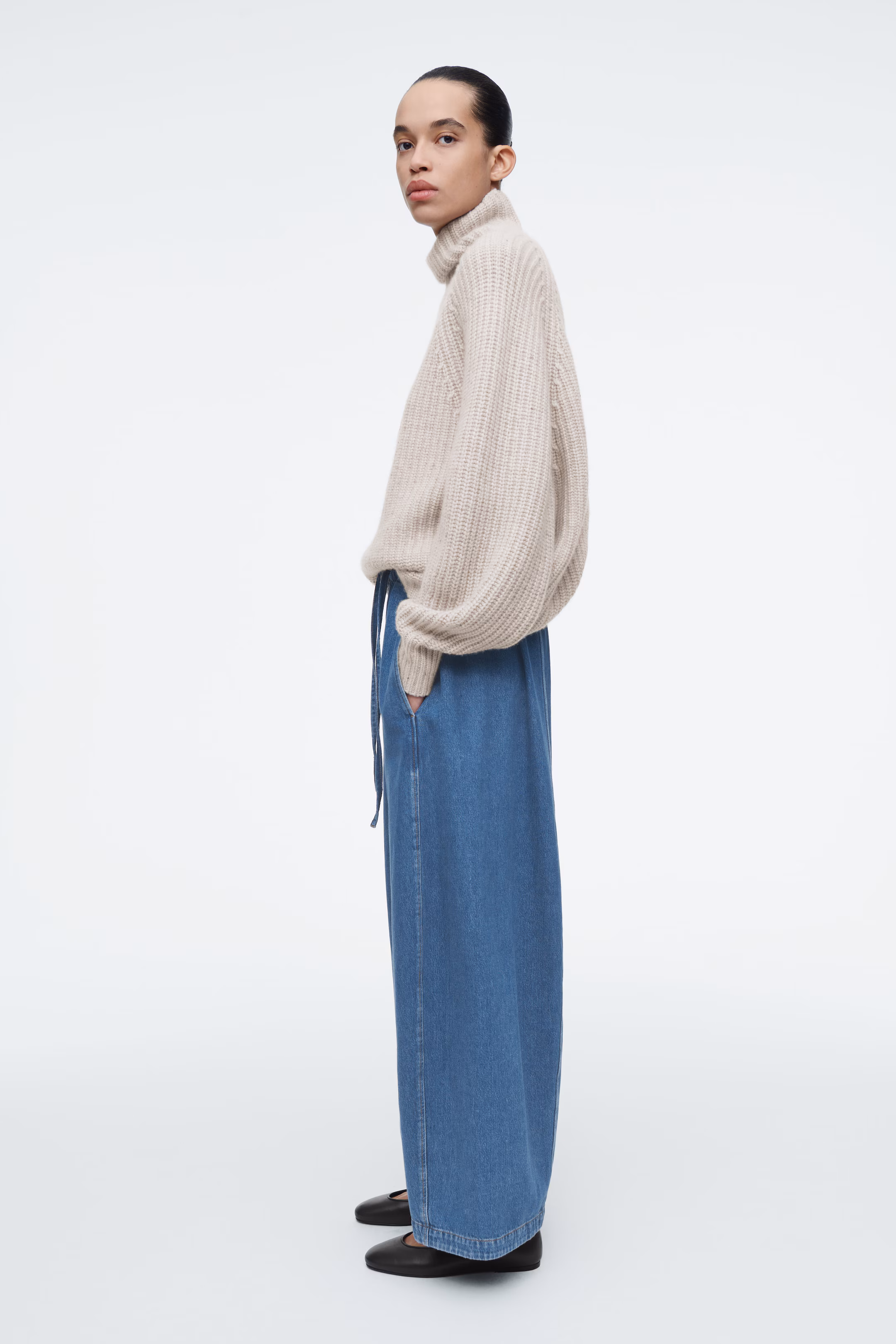 BARREL-LEG DENIM DRAWSTRING TROUSERS