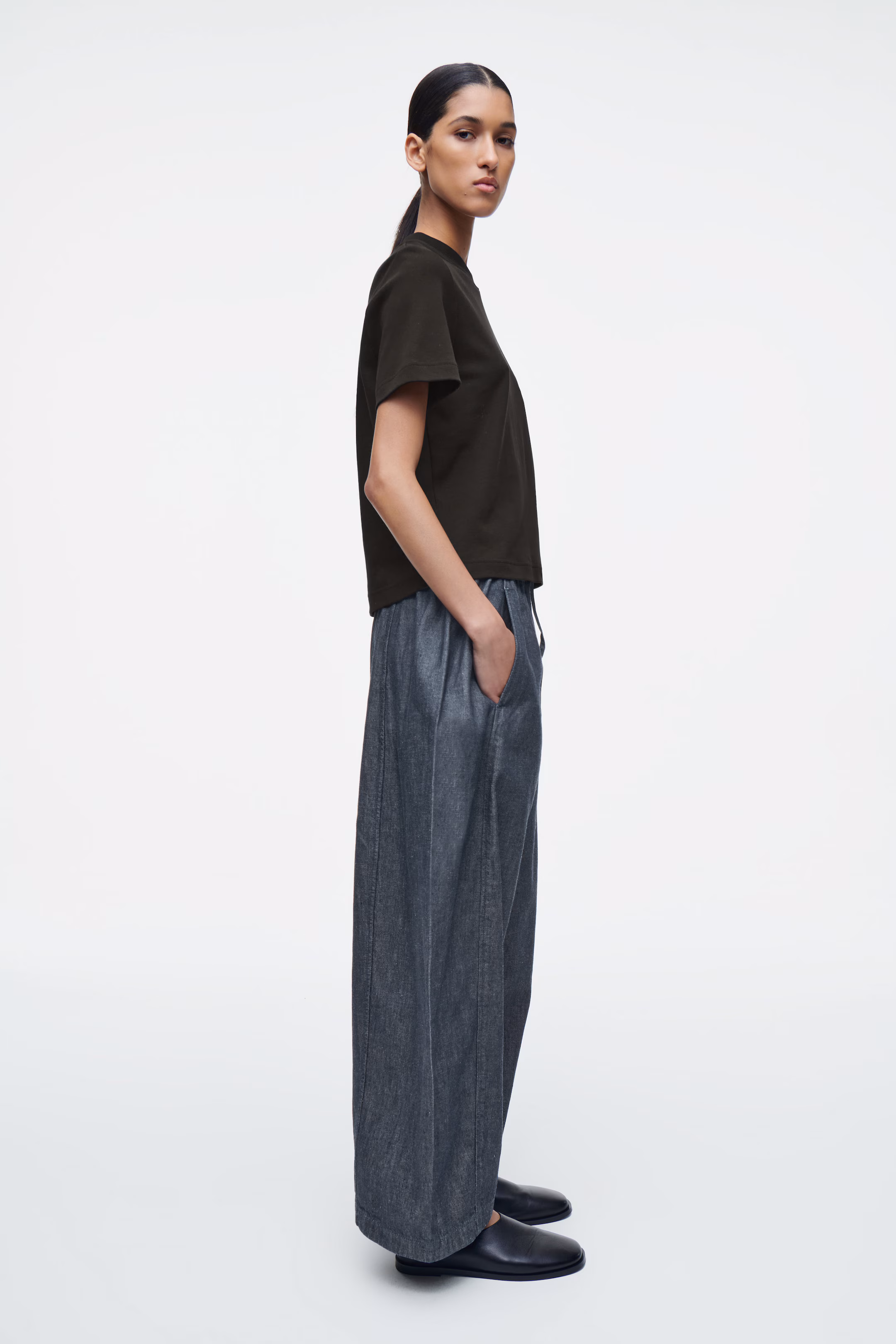 BARREL-LEG DENIM DRAWSTRING TROUSERS