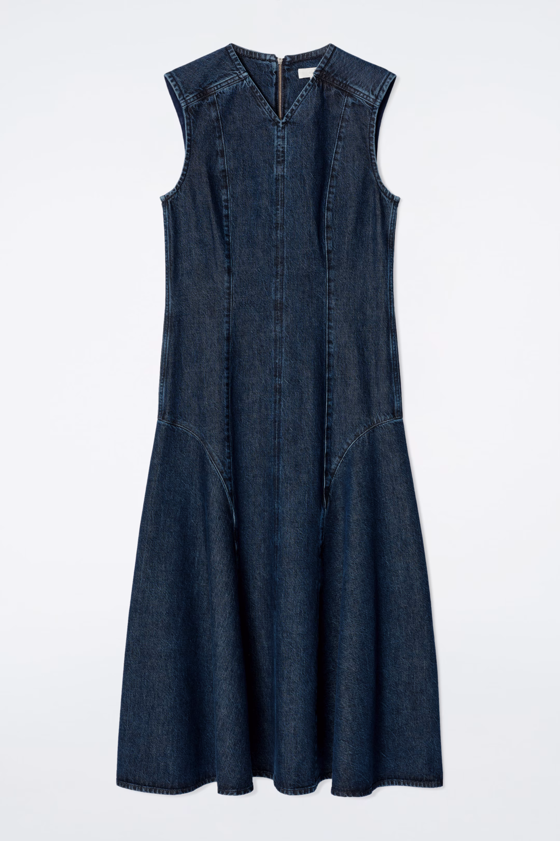 DROPPED-WAIST DENIM MIDI DRESS