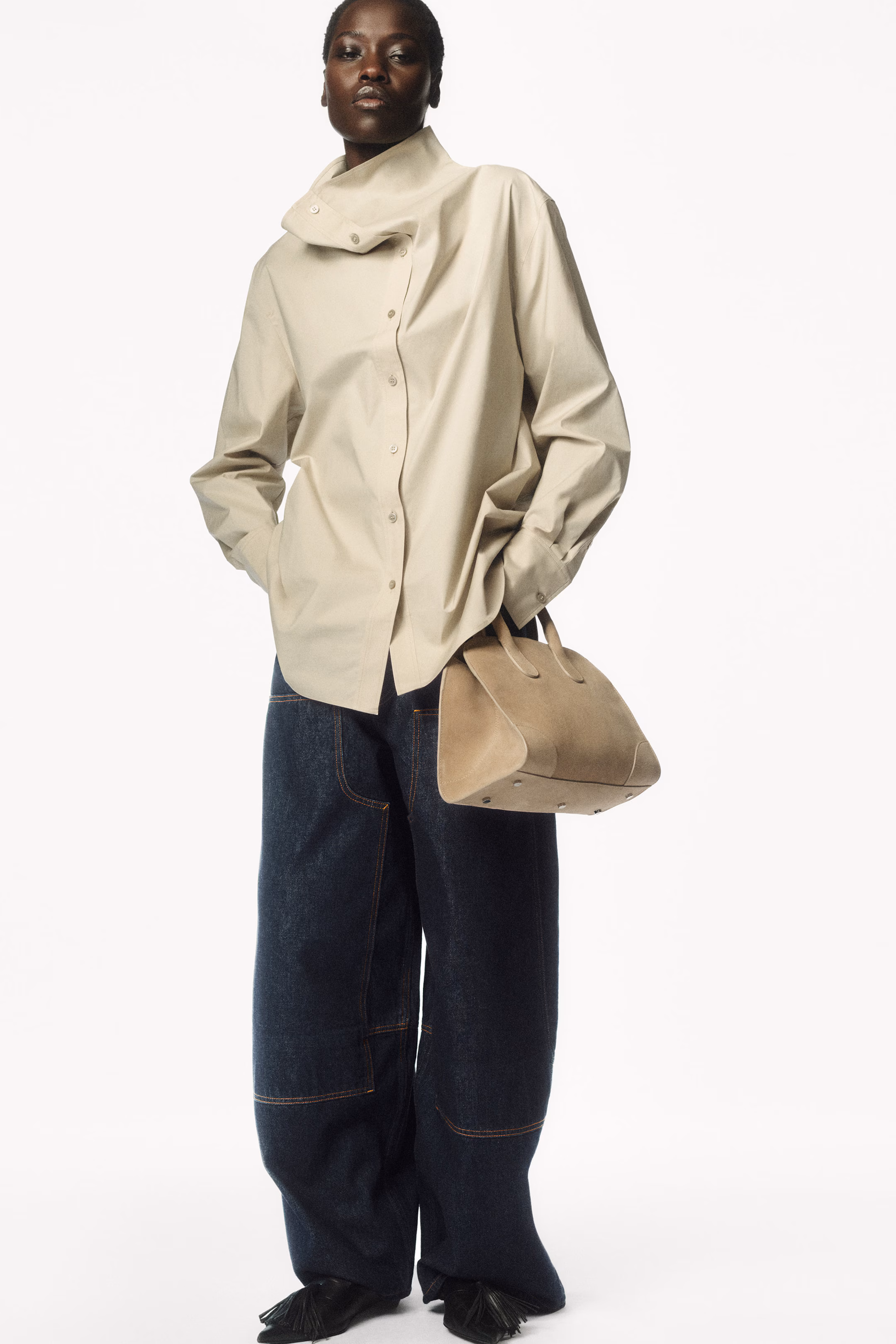 WESTERN BARREL-LEG RAW DENIM TROUSERS