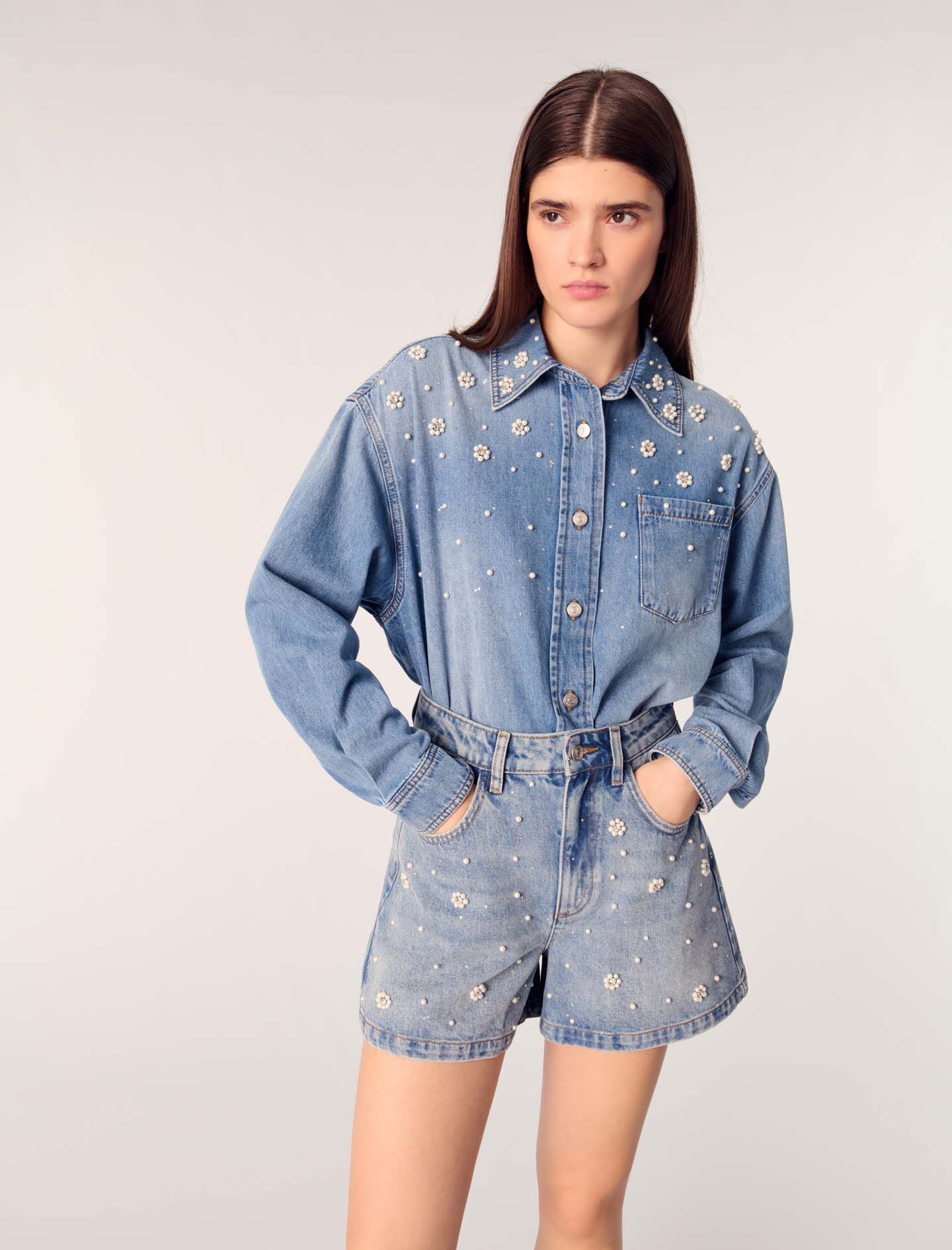 Denim shorts with embroidered beads
