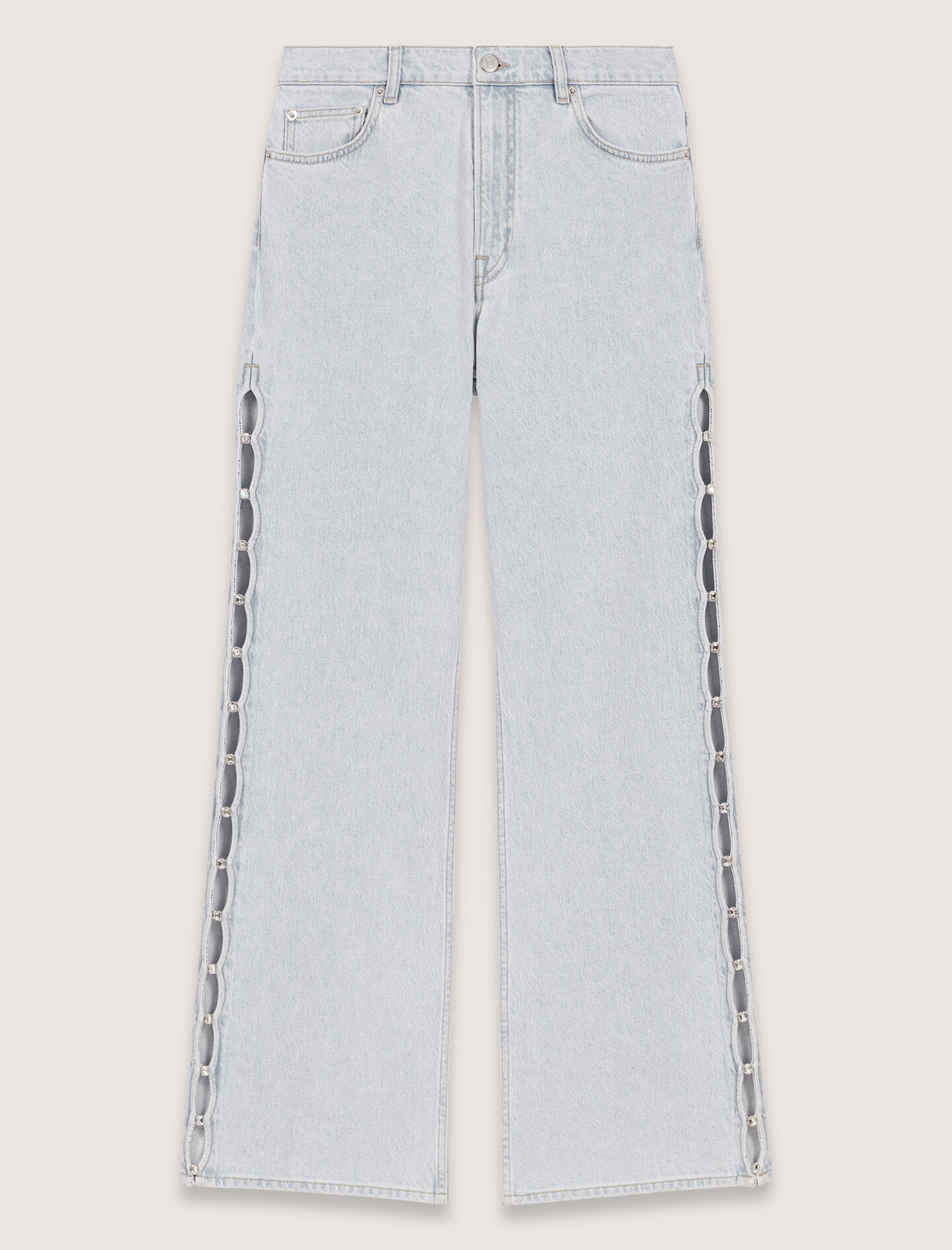 Wide-leg rhinestone cutaway jeans