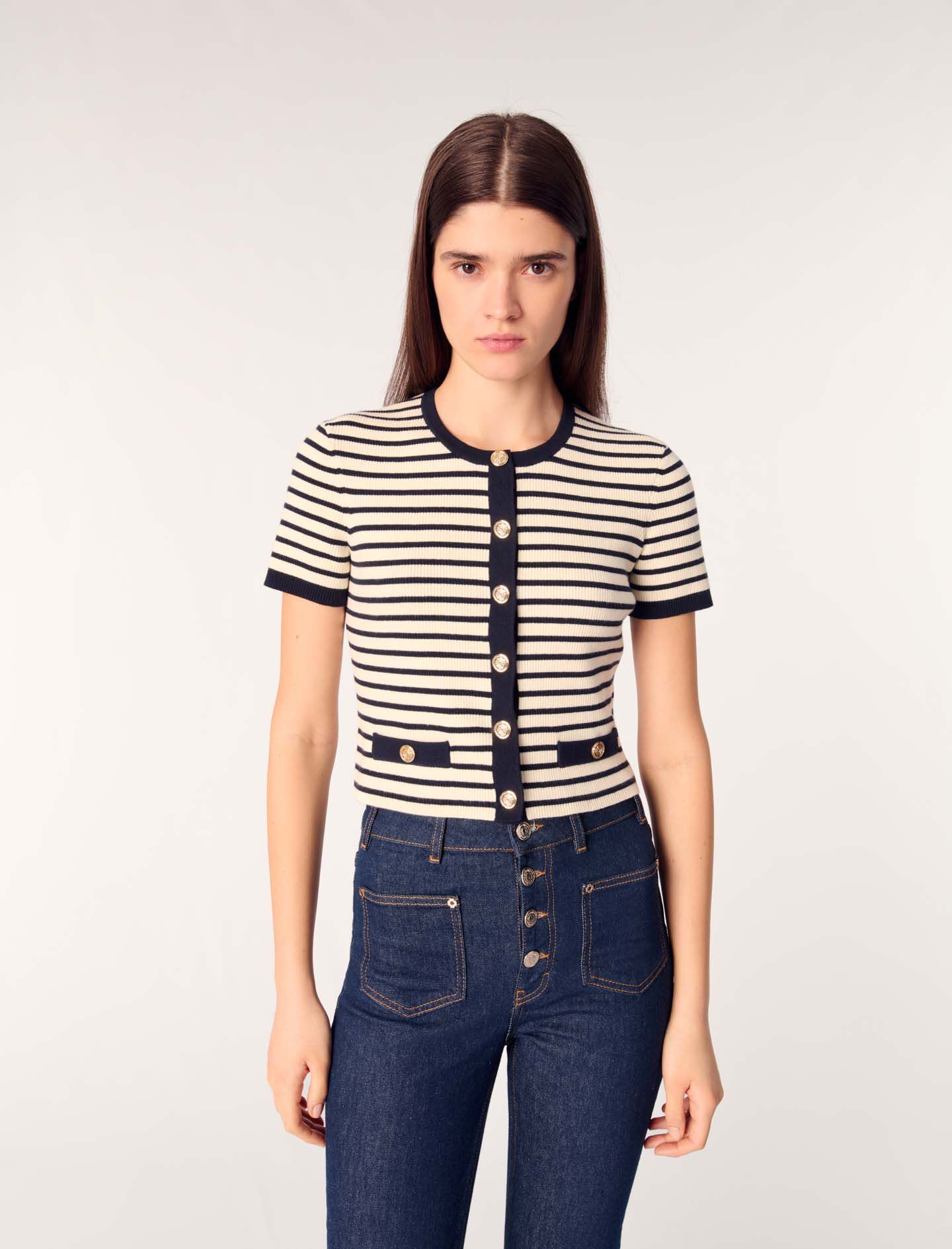 Cropped rib knit cardigan