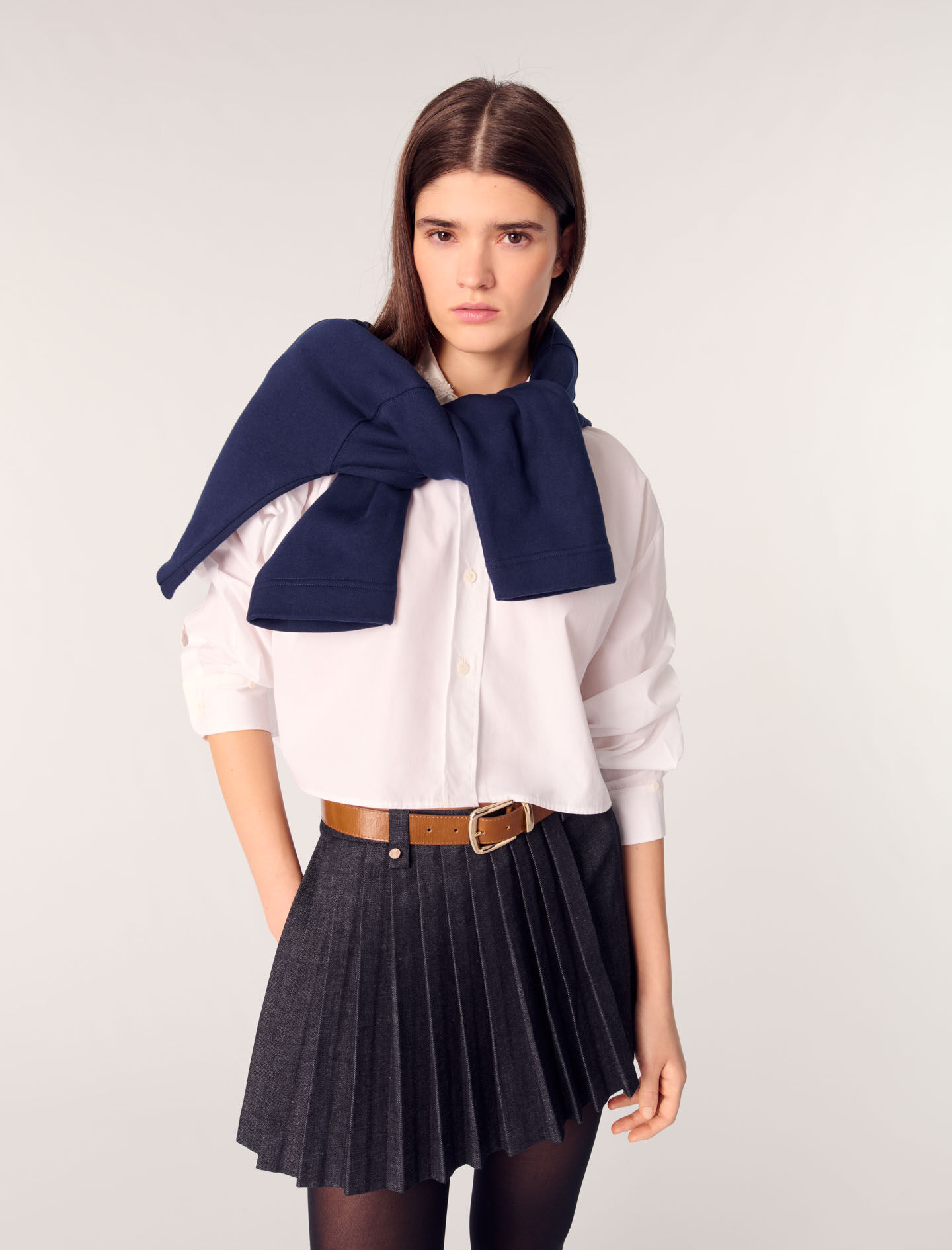 Layered-effect pleated denim shorts