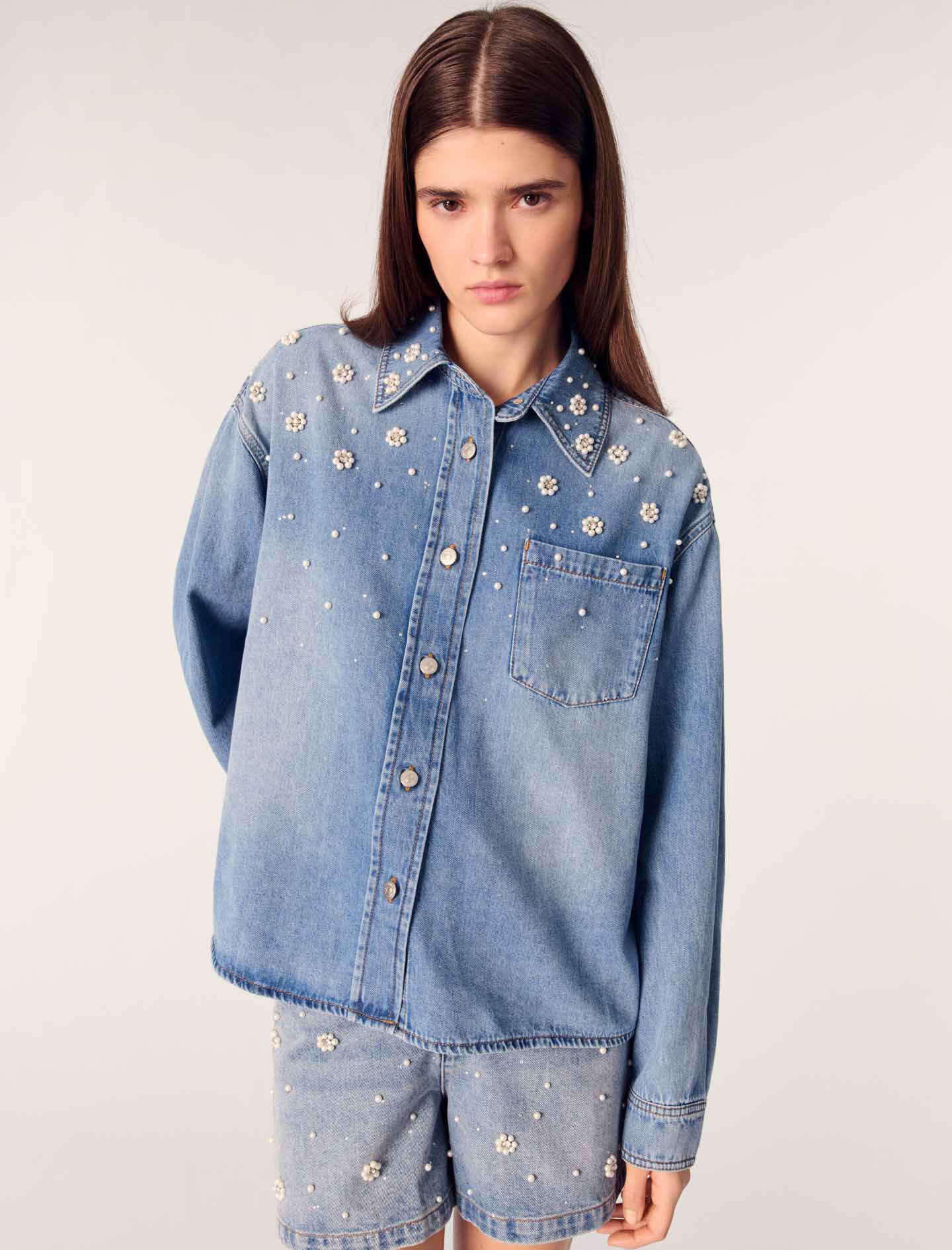 Denim shirt with embroidered beads