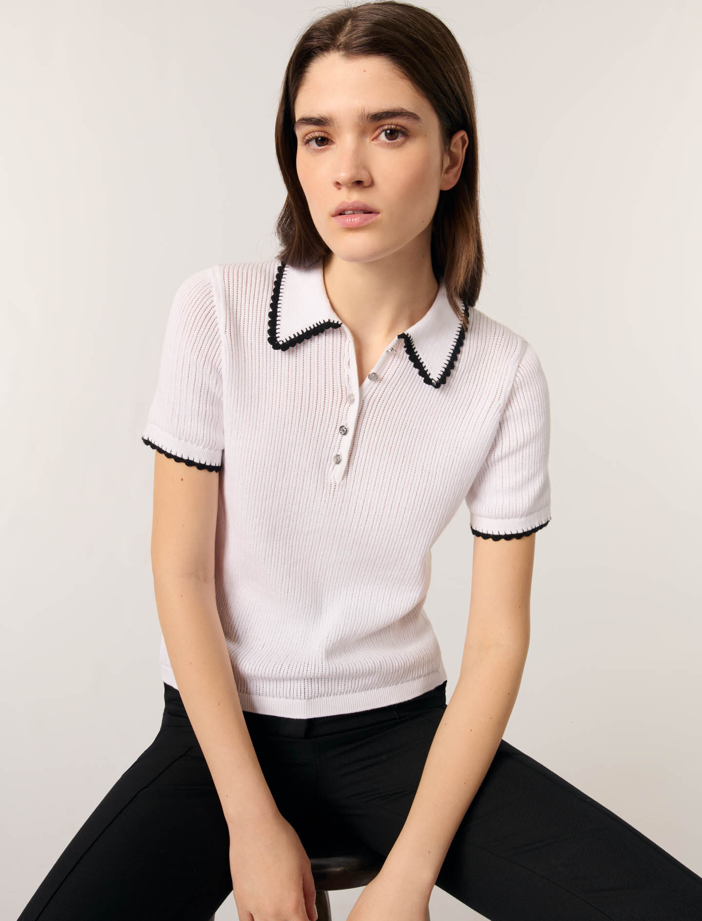 Pointelle knit crochet polo shirt