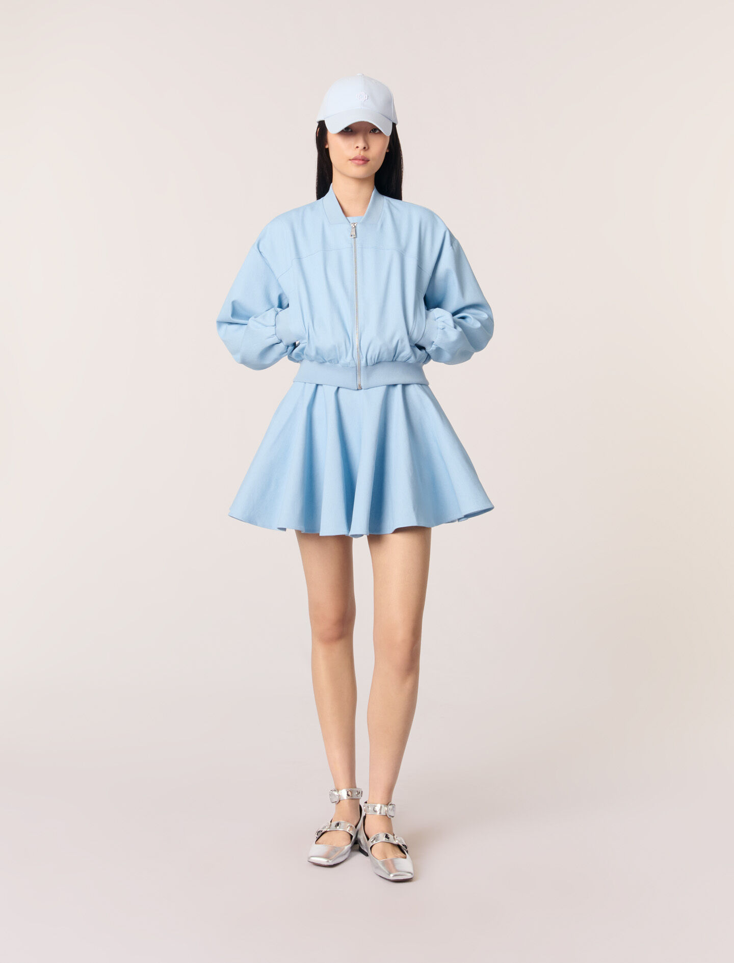 Cropped denim bomber jacket