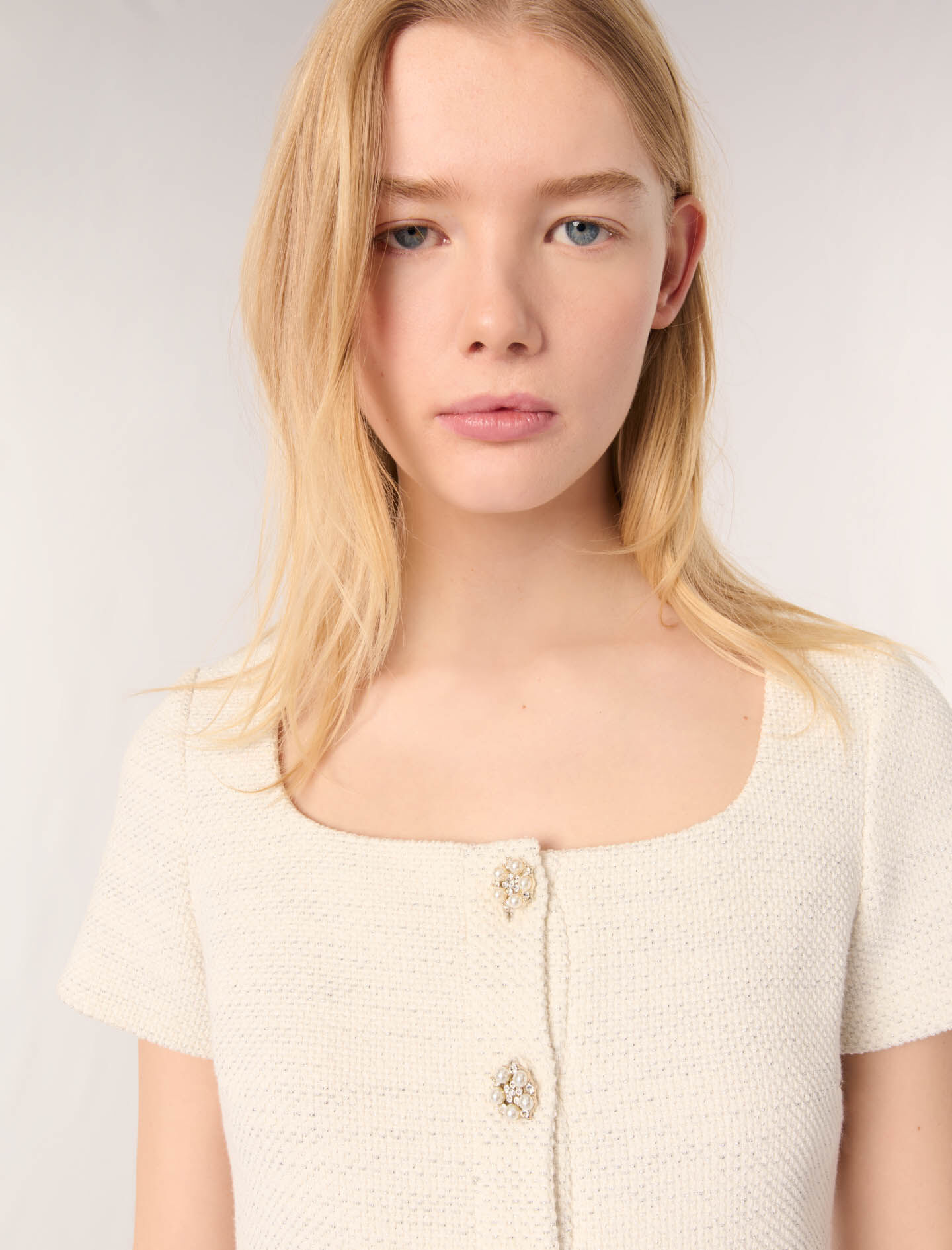 Tweed and lurex peplum top