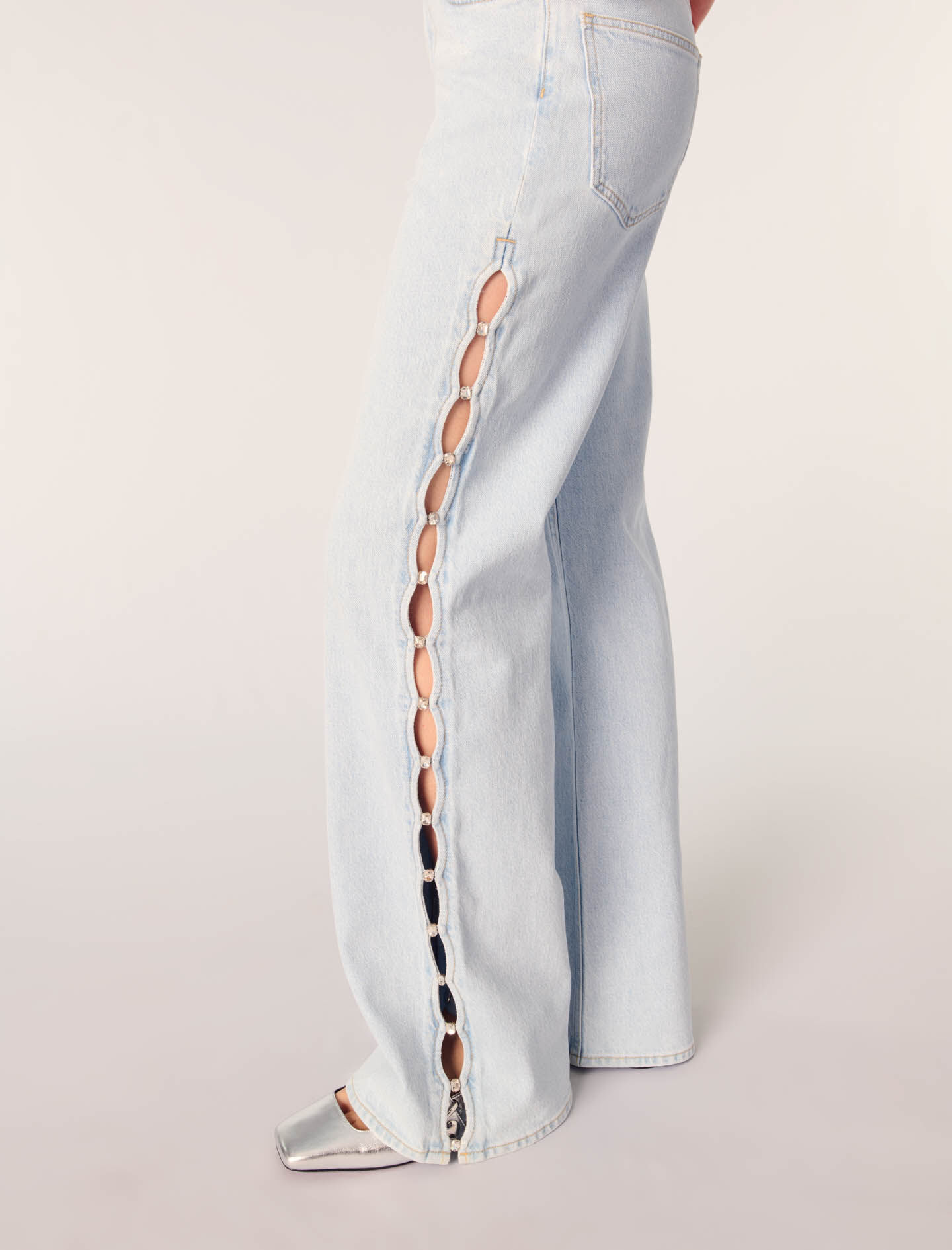 Wide-leg rhinestone cutaway jeans