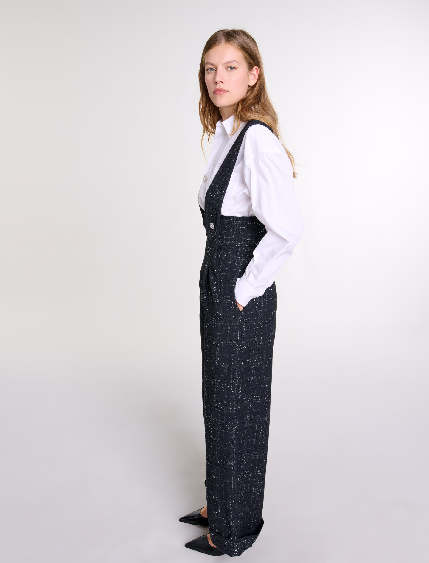 Wide-leg trousers with tweed braces