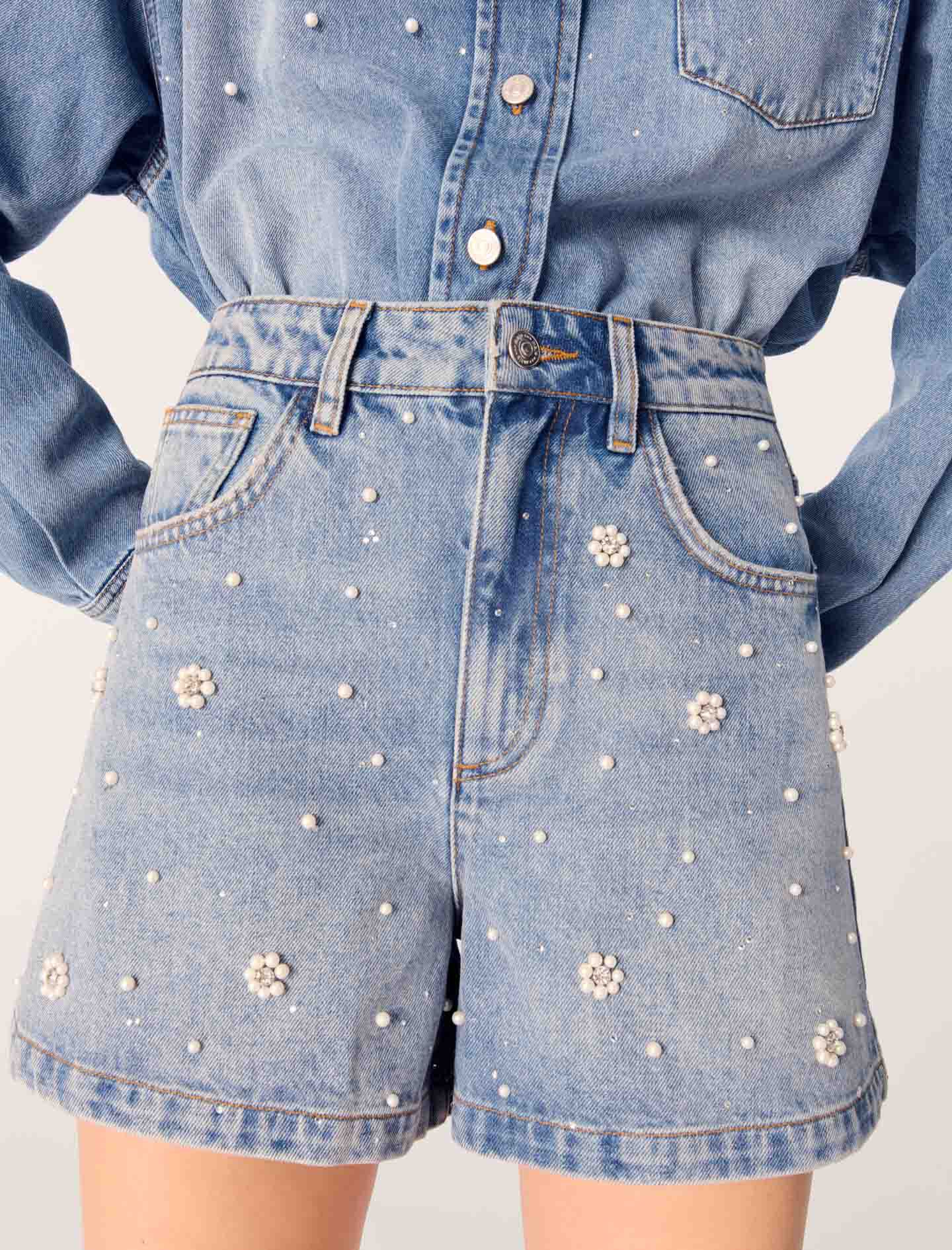 Denim shorts with embroidered beads
