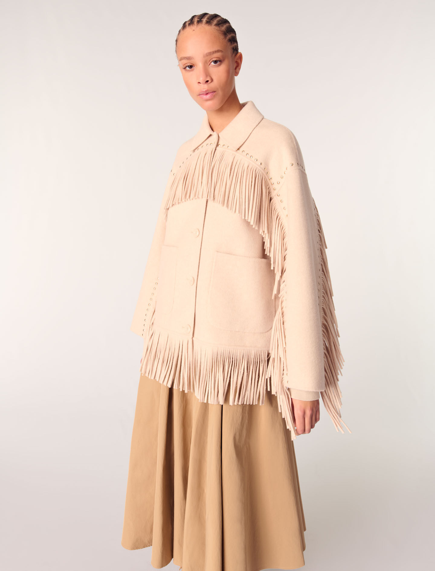 Double-breasted fringed coat