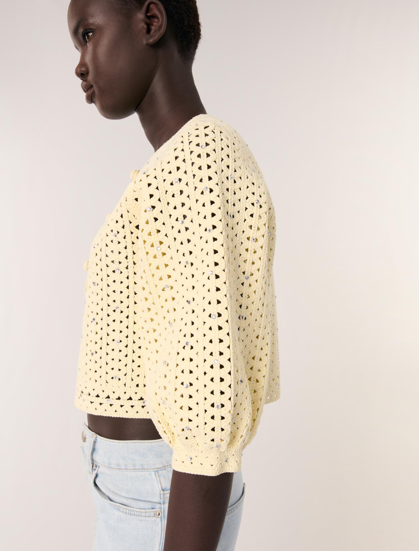 Cropped rhinestone crochet cardigan